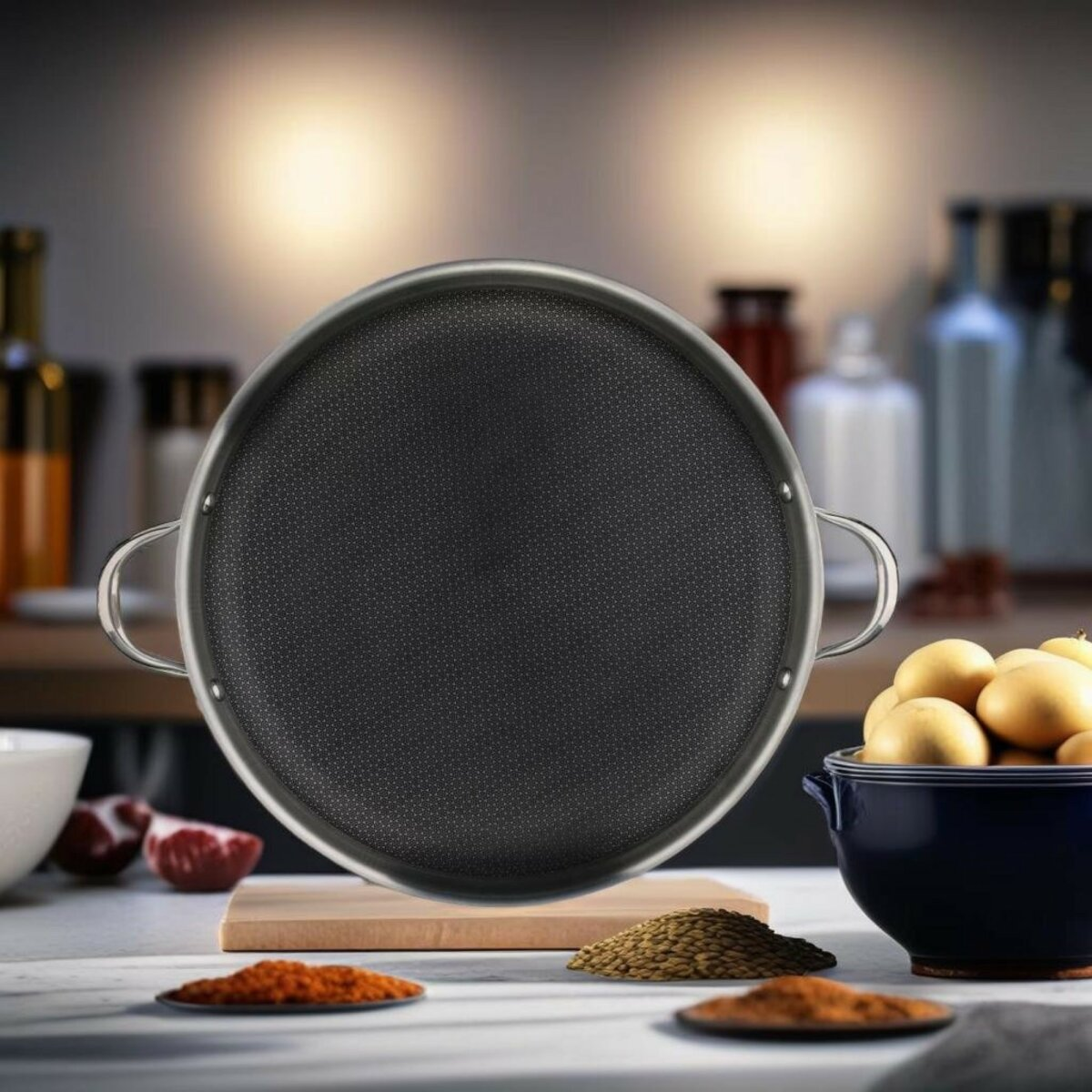 Runde, schwarze Antihaftpfanne mit Metallgriffen. Zutaten wie Kartoffeln und Gewürze im Hintergrund.