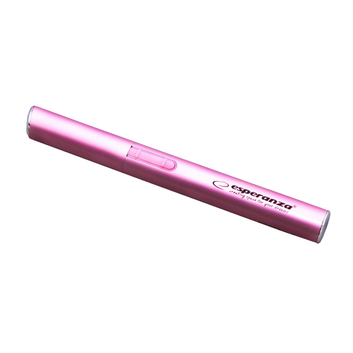 Accendino Esperanza rosa a forma di penna con il marchio, inclinato su una superficie bianca.