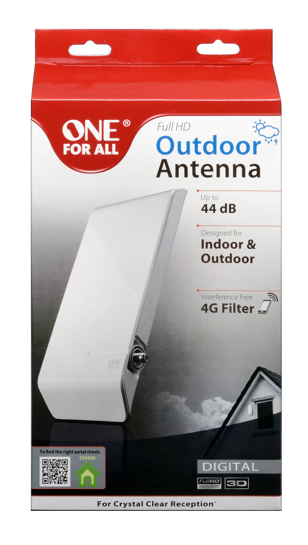 Antenna da esterno bianca in scatola. Testo: Full HD, progettata per interni ed esterni, e senza interferenze.