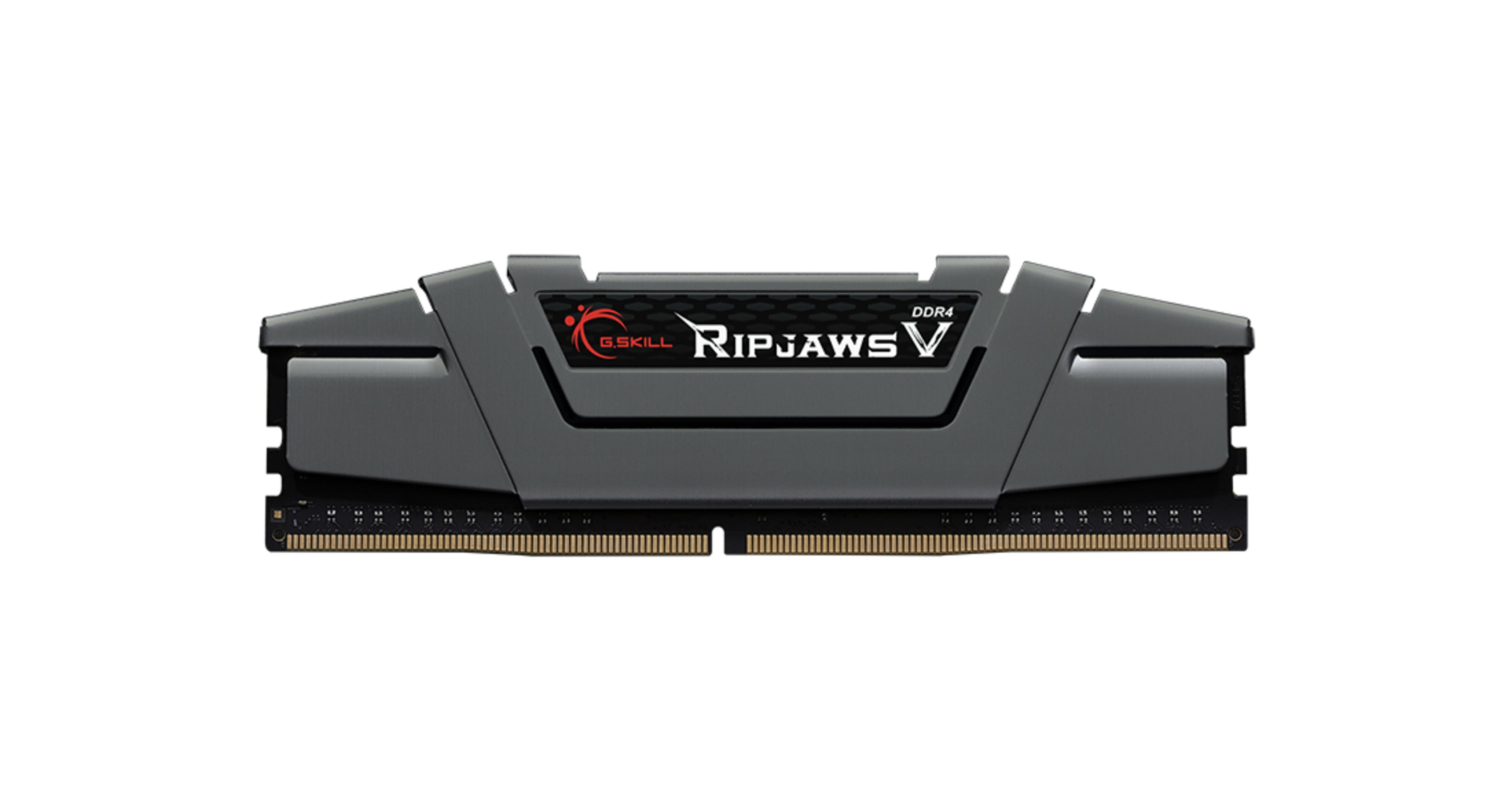Moduł RAM G.Skill Ripjaws V DDR4. Szary moduł RAM z widoczną nazwą marki na białym tle.
