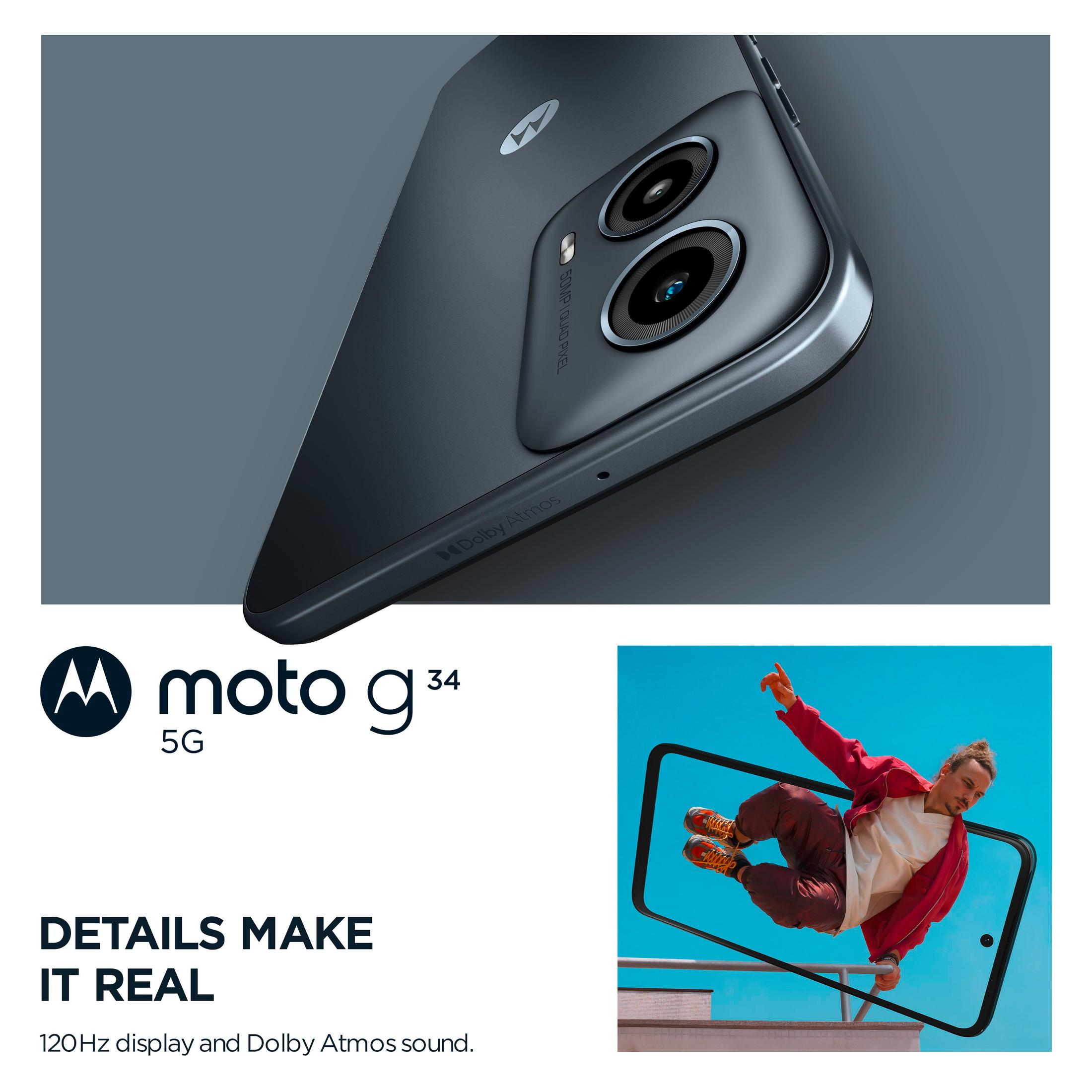 Telefono con due fotocamere, una persona che salta sullo schermo con testo sul telefono.