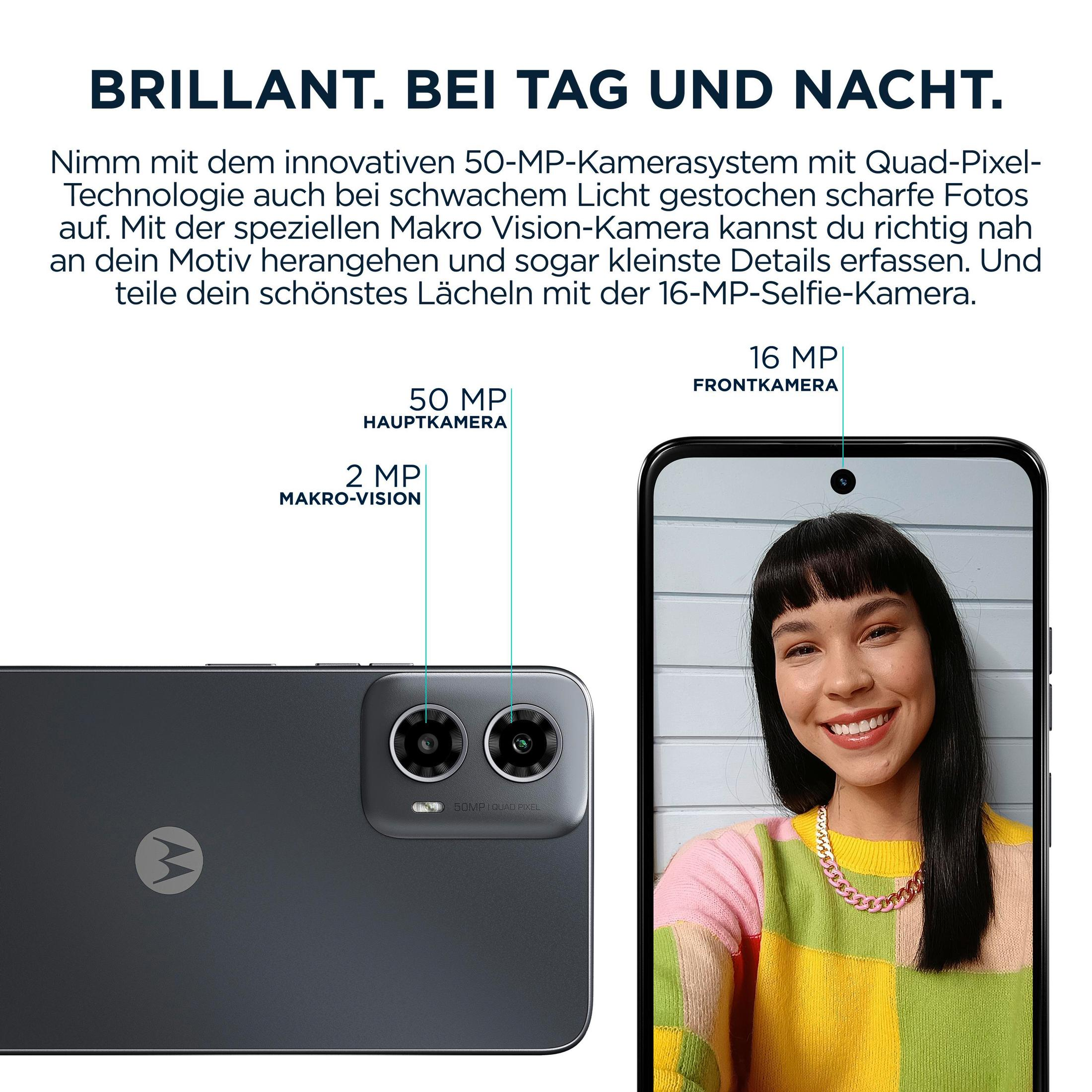 Una donna con un maglione rosa e giallo sorride, e un telefono accanto a lei mostra le funzioni del telefono.