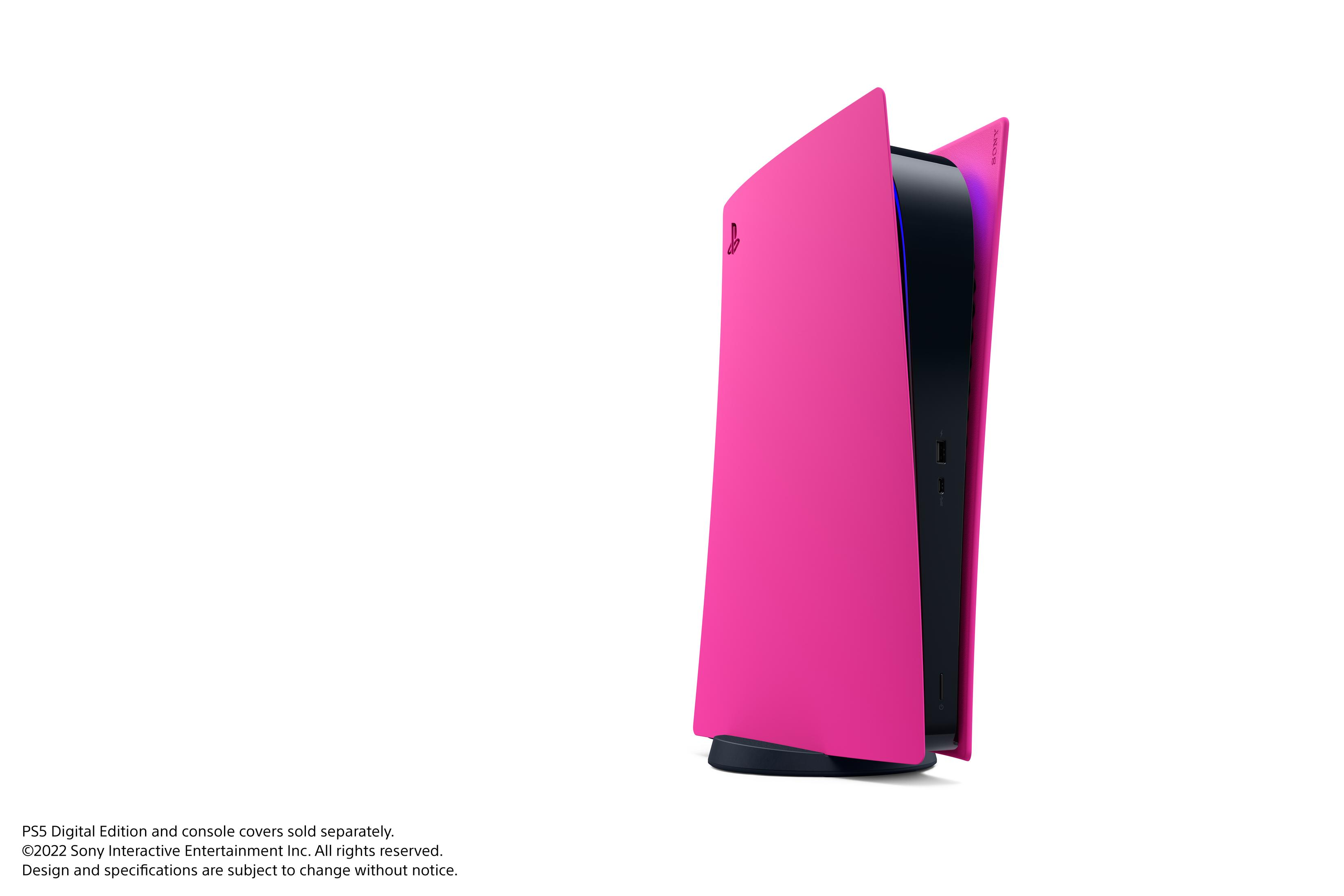 Consola rosa PS5 Digital Edition con sección interna negra sobre fondo blanco.