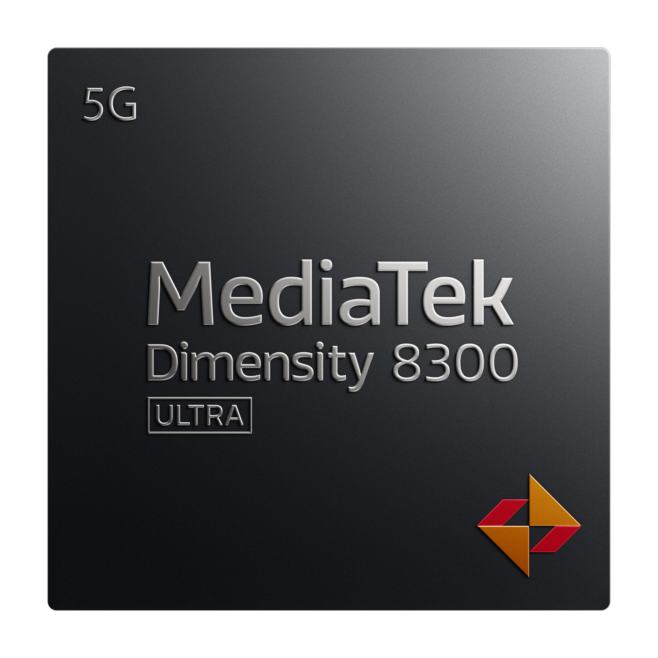 Czarny procesor MediaTek Dimensity 8300 ULTRA z logo 5G oraz pomarańczowo-czerwonym logo.