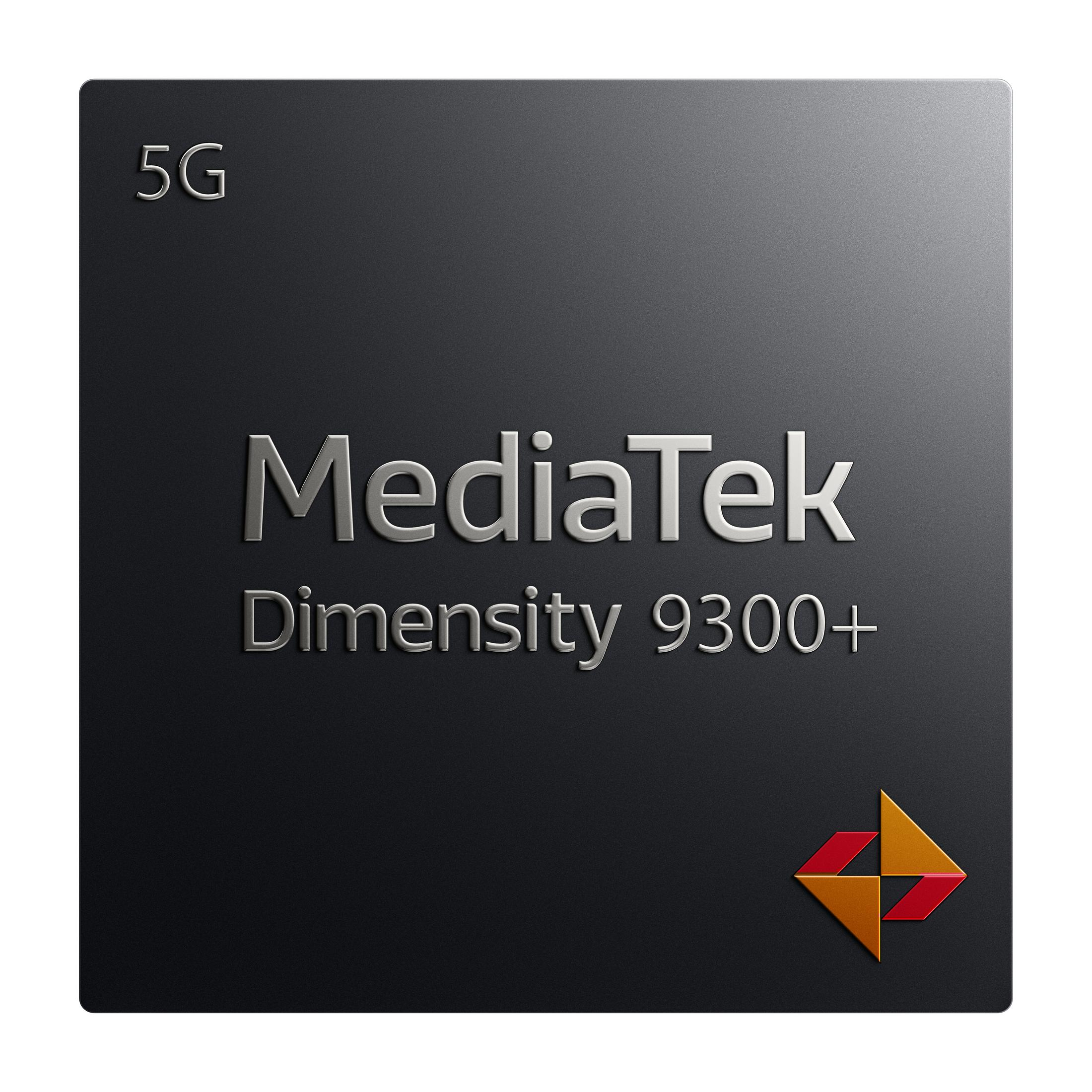Czarny chip MediaTek Dimensity 9300+ z logo 5G. Na czarnej powierzchni.