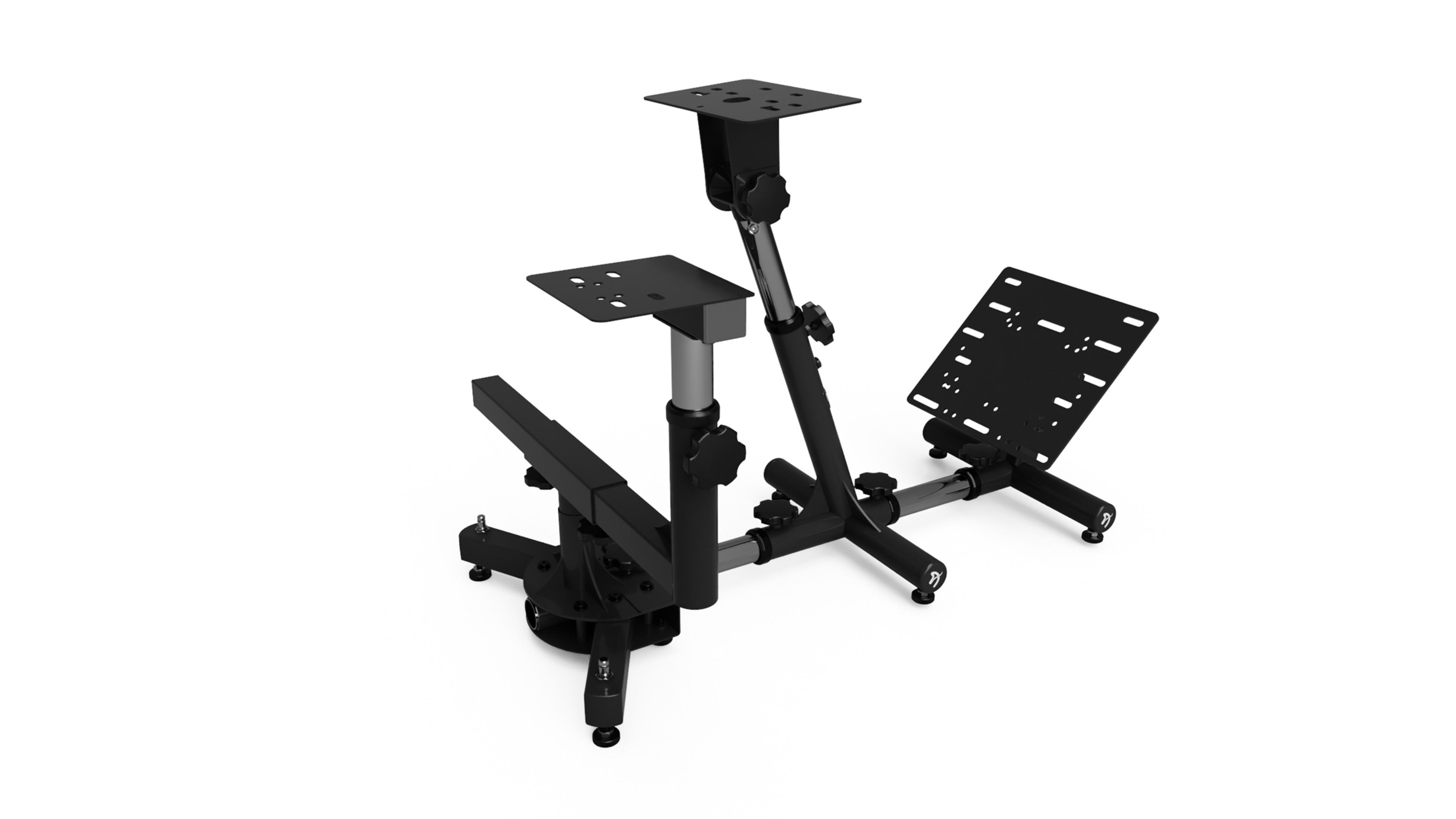 Soporte negro para juegos de carreras con partes ajustables, aislado sobre blanco.