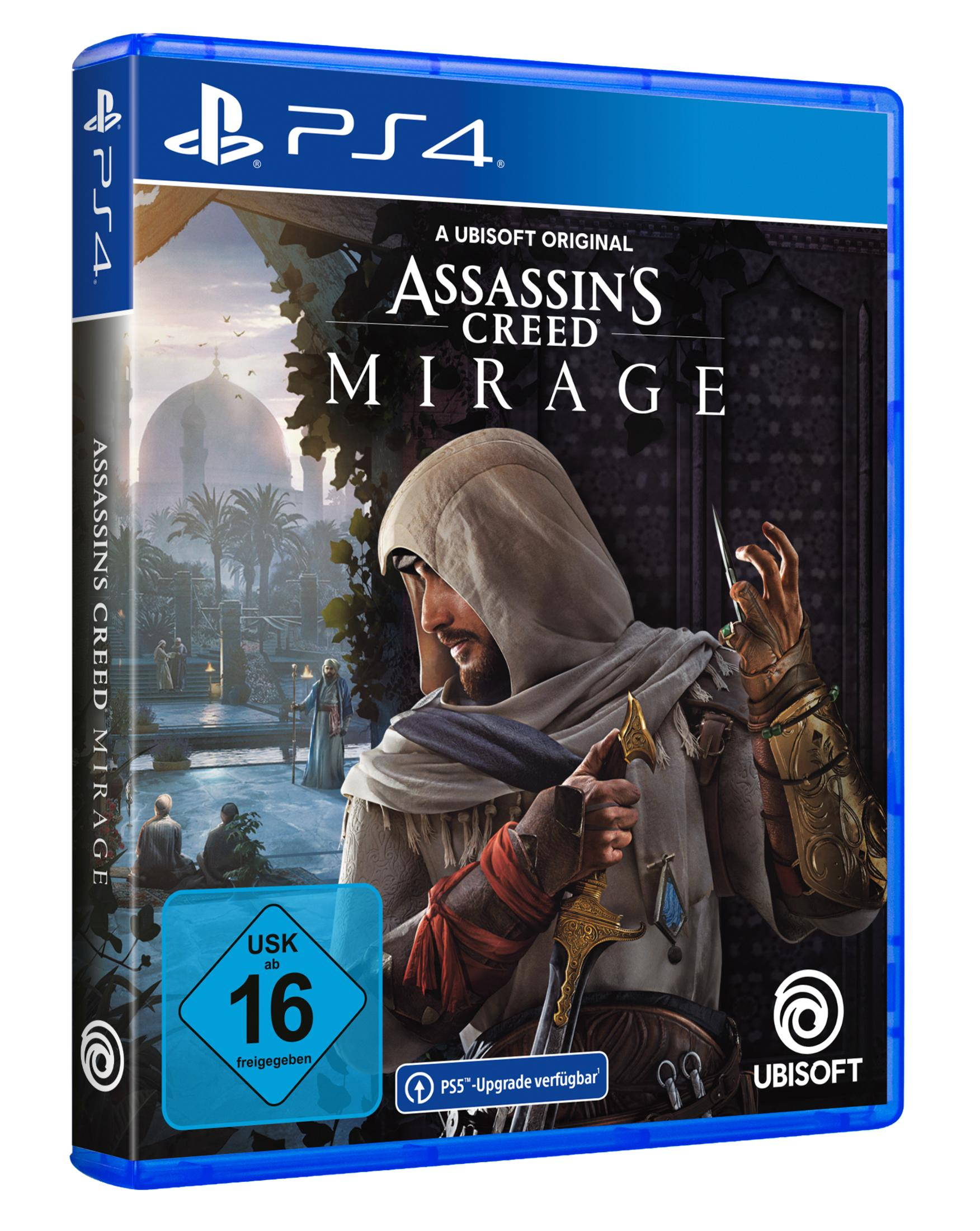 Ein PS4-Spielcase für Assassin's Creed Mirage, mit einer arabischen Figur, die ein Schwert hält.