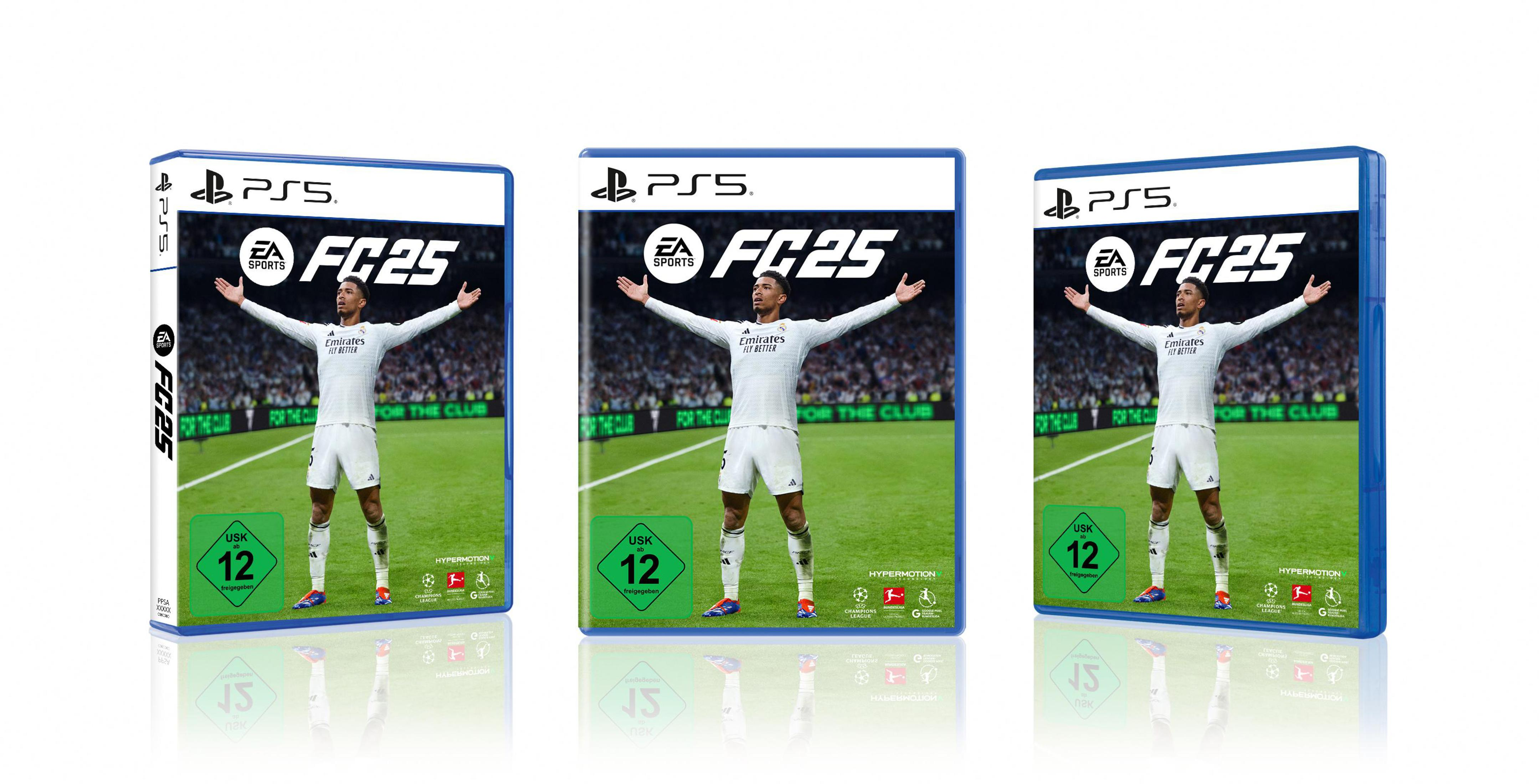 Drei FC25 PS5-Spielehüllen. Ronaldo ist auf den Covern, Arme ausgestreckt. Blauer Gehäuserand.