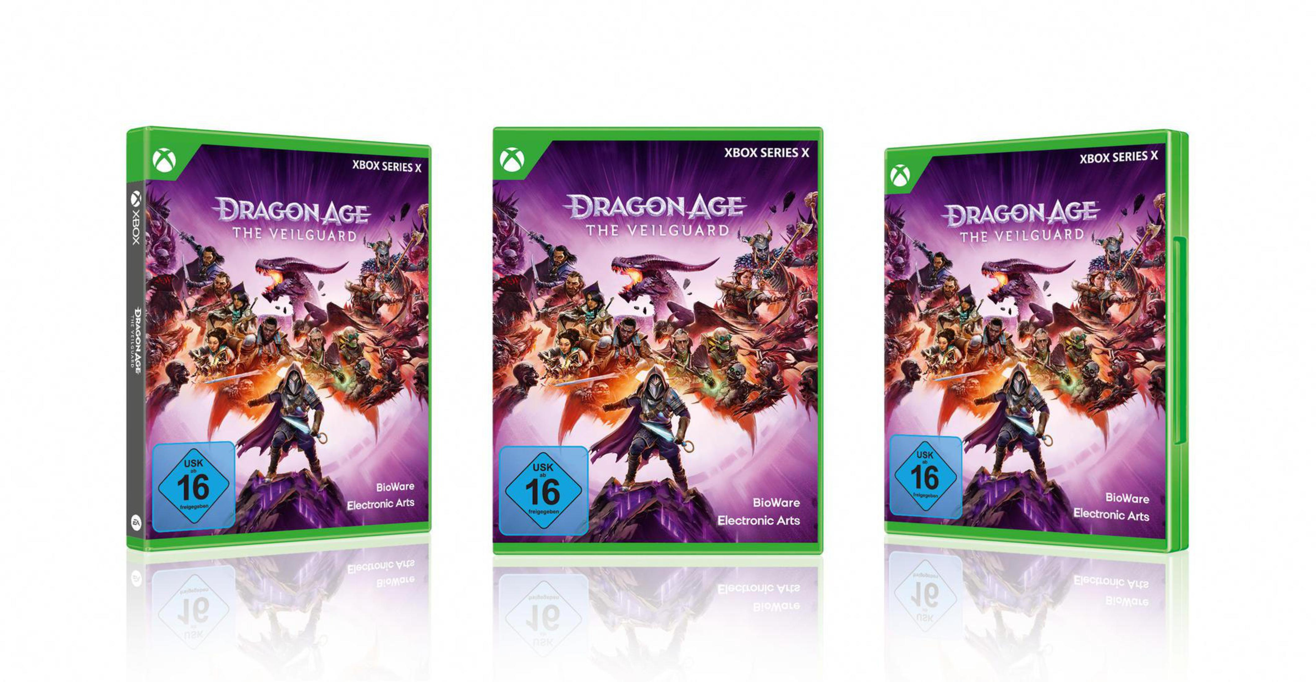 Drei Dragon Age Videospielboxen, grün und weiß, stehen vor einem weißen Hintergrund.
