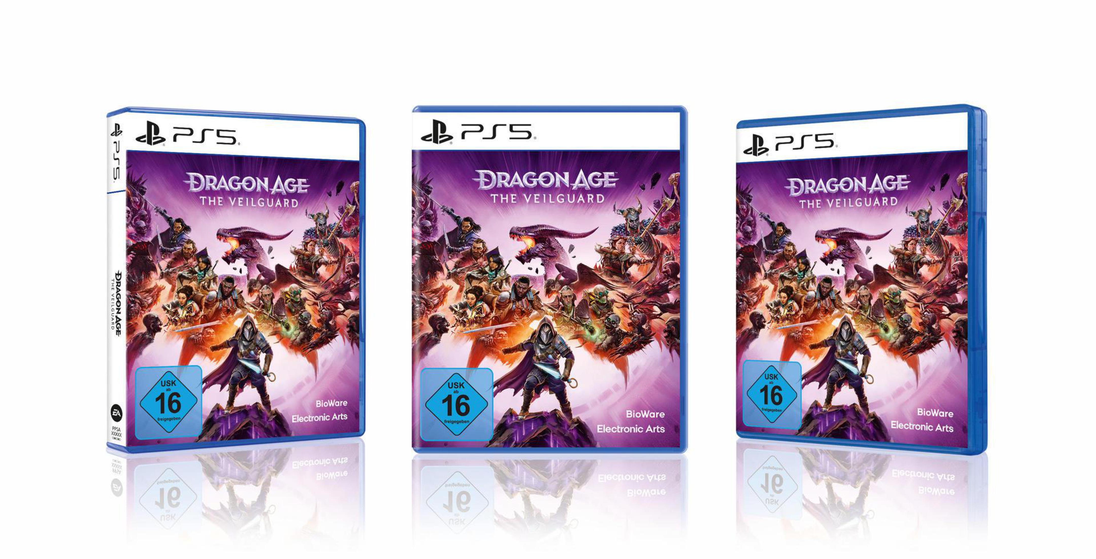 Trzy pudełka gry Dragon Age: The Veilguard na PS5. Każde z grafiką gry z postaciami i logo na białym tle.