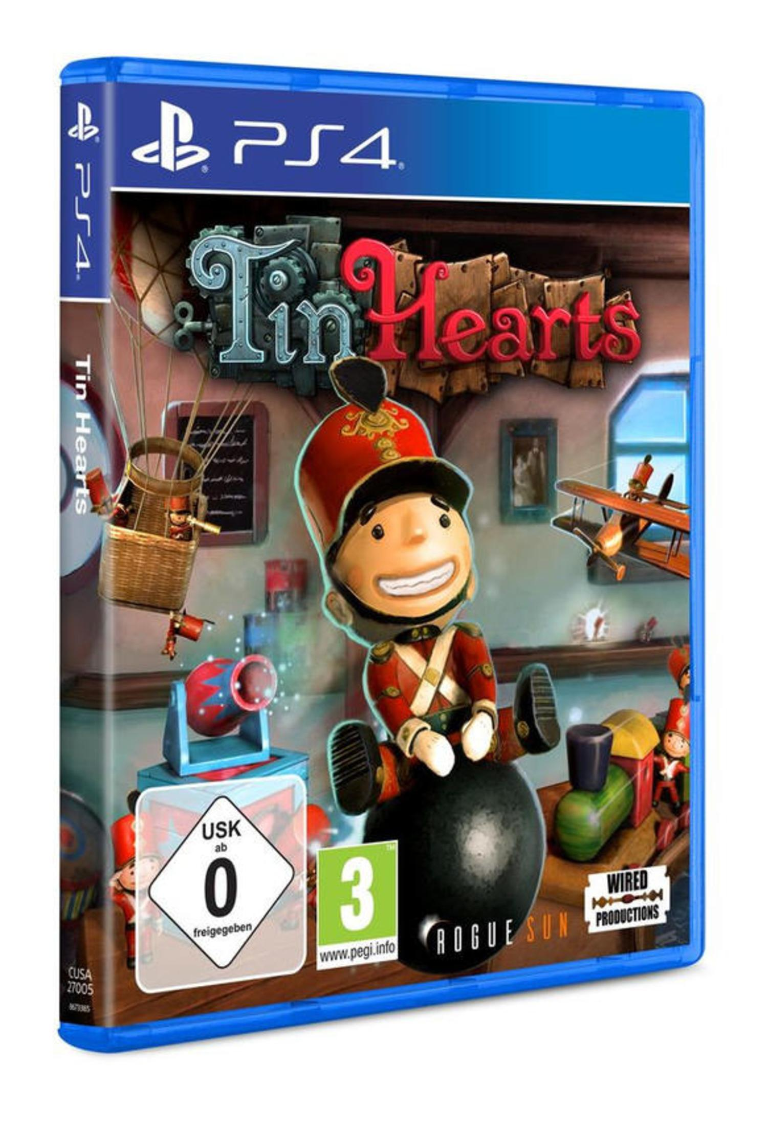 PS4-Spielbox mit dem Titel 'Tin Hearts'. Zeigt einen Spielzeugsoldaten auf einer Kugel. Die Box ist blau.