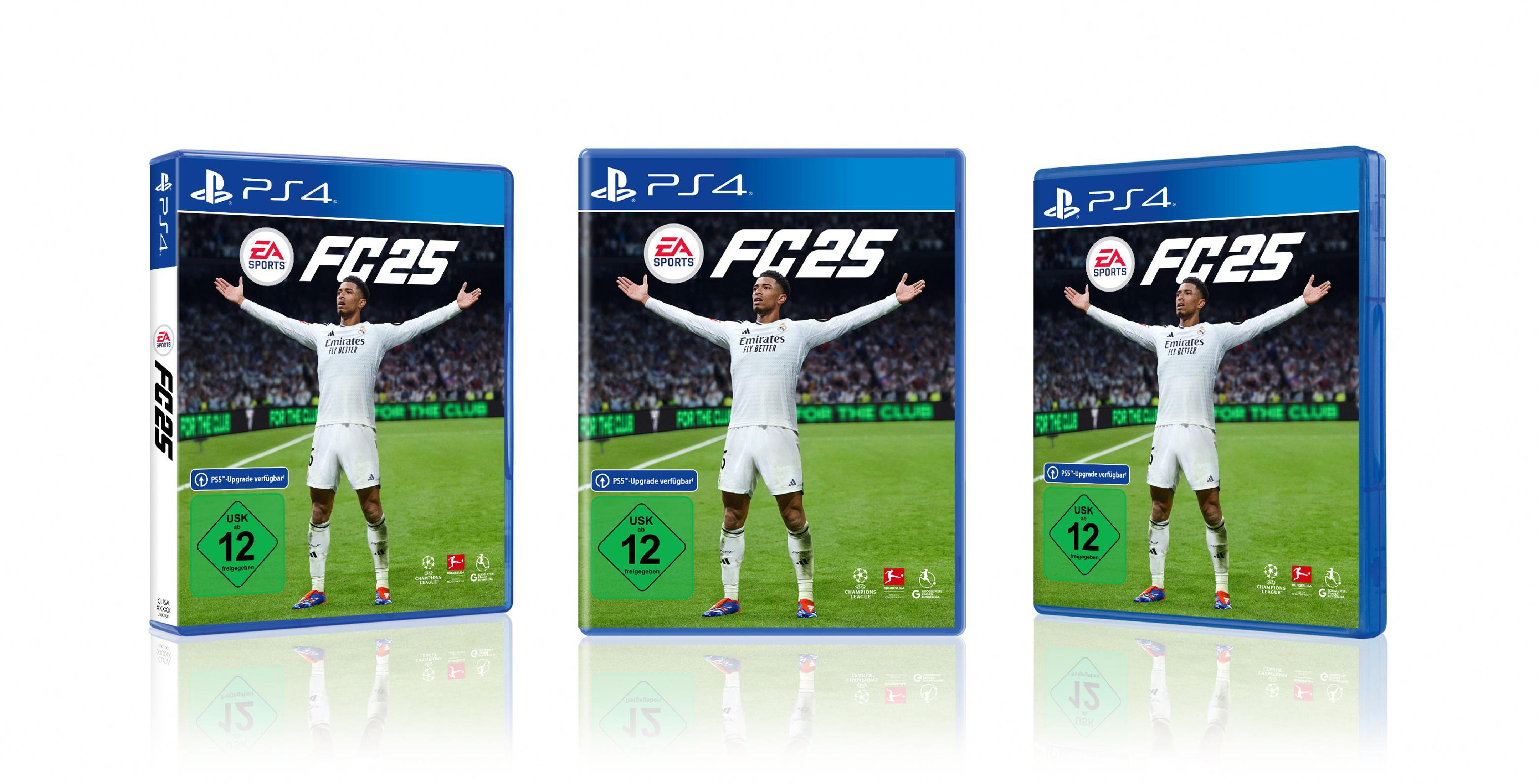 EA FC25 Spielbox-Set. Ronaldo auf dem Cover, grüne und blaue Verpackung. Weißer Hintergrund.