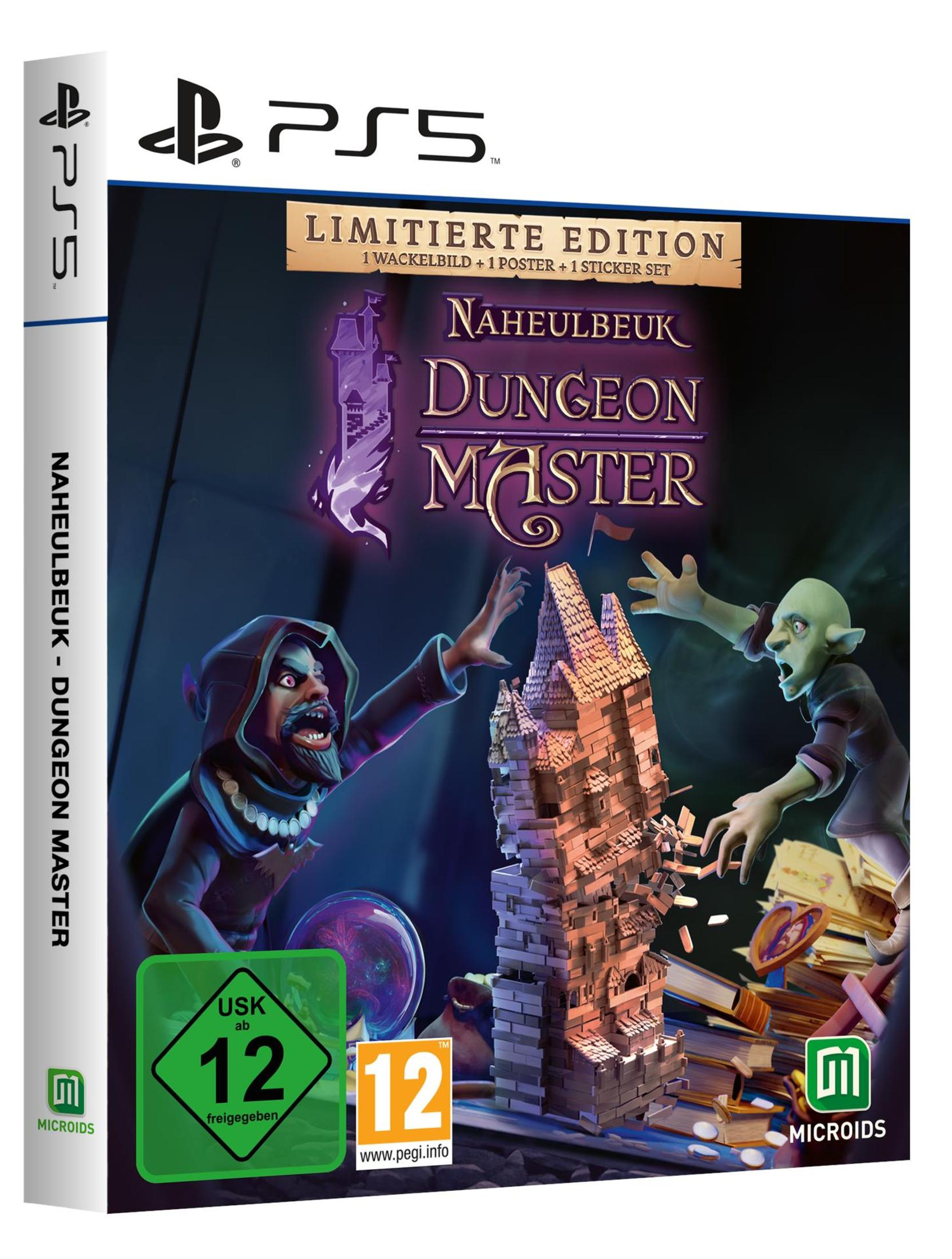 Spielbox mit Zauberer und Goblin, Titel 'Naheulbeuk Dungeon Master', PS5 Logo.