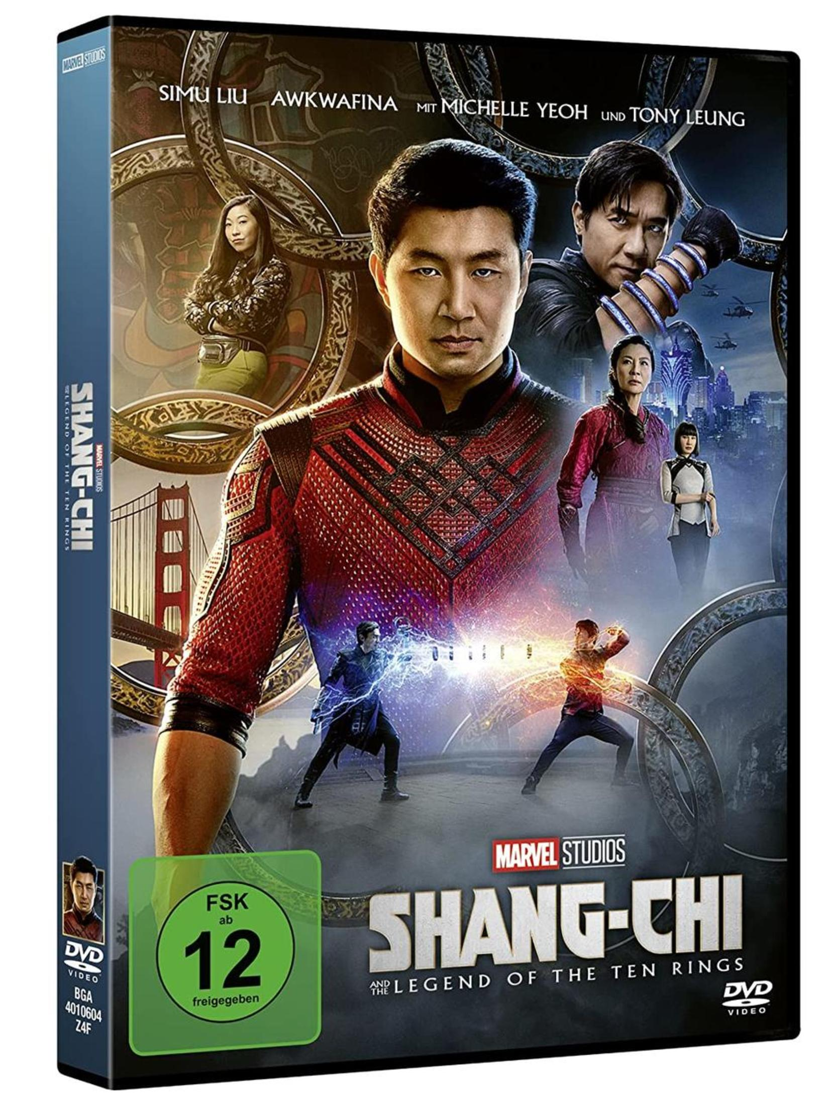 DVD-Hülle von Shang-Chi and the Legend of the Ten Rings mit Simu Liu und anderen Hauptdarstellern.