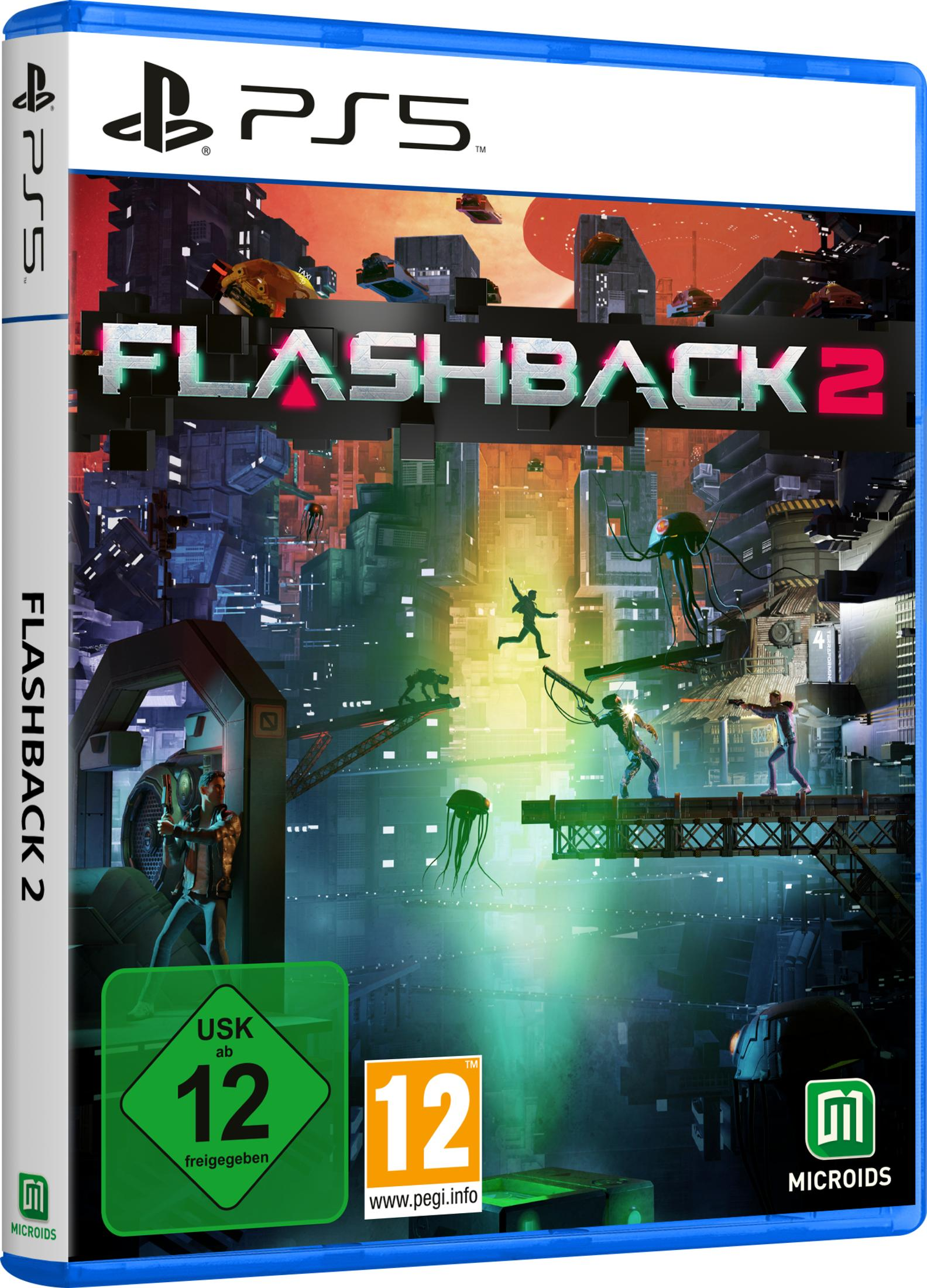 Scatola del gioco PS5. Immagine colorata con personaggi, un paesaggio urbano e il titolo del gioco 'FLASHBACK 2'.