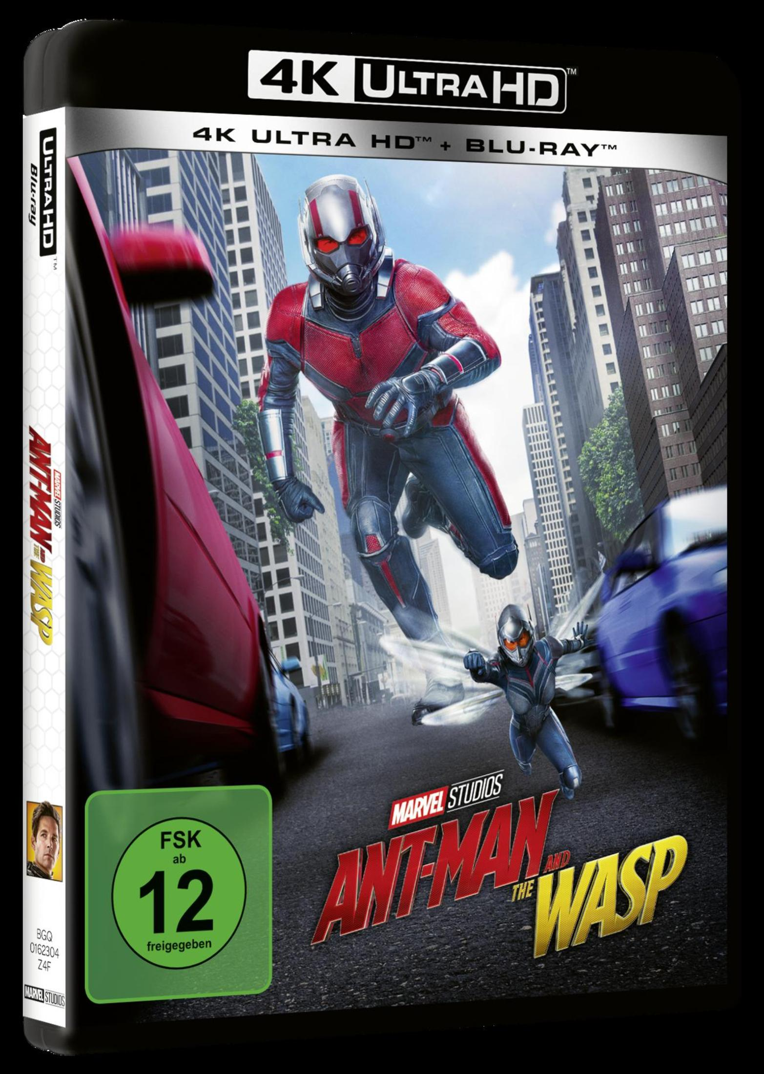 Ant-Man und Wasp rennen im Schrumpfzustand durch eine Strae mit Autos und Hochhusern.