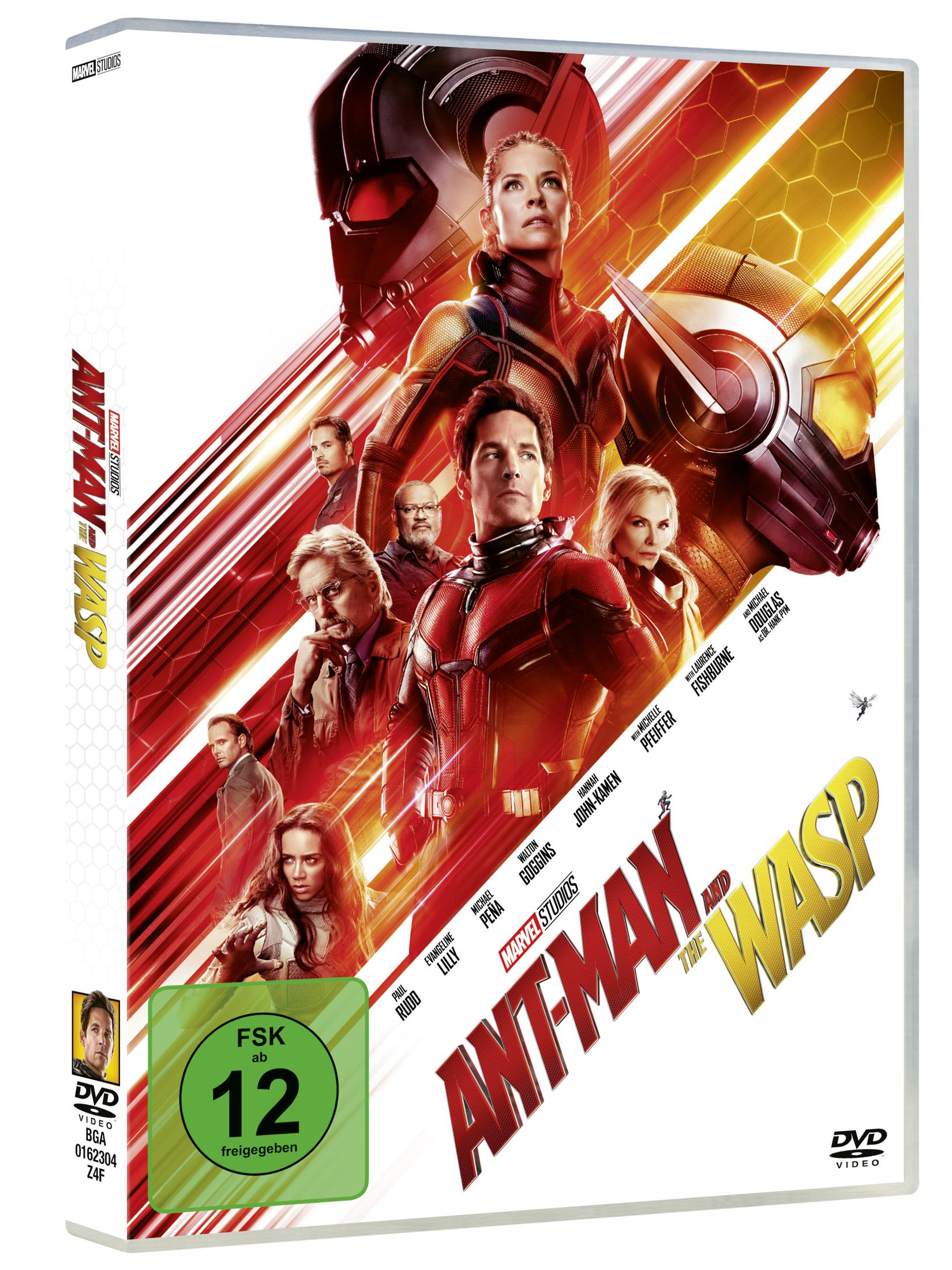 DVD-Cover von Ant-Man and The Wasp mit den Superhelden vor rotem und gelbem Hintergrund.