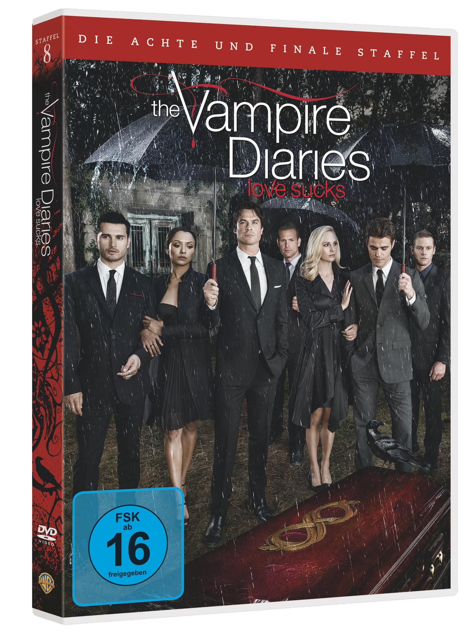 DVD-Cover von The Vampire Diaries Staffel 8 mit Hauptdarstellern im Regen.