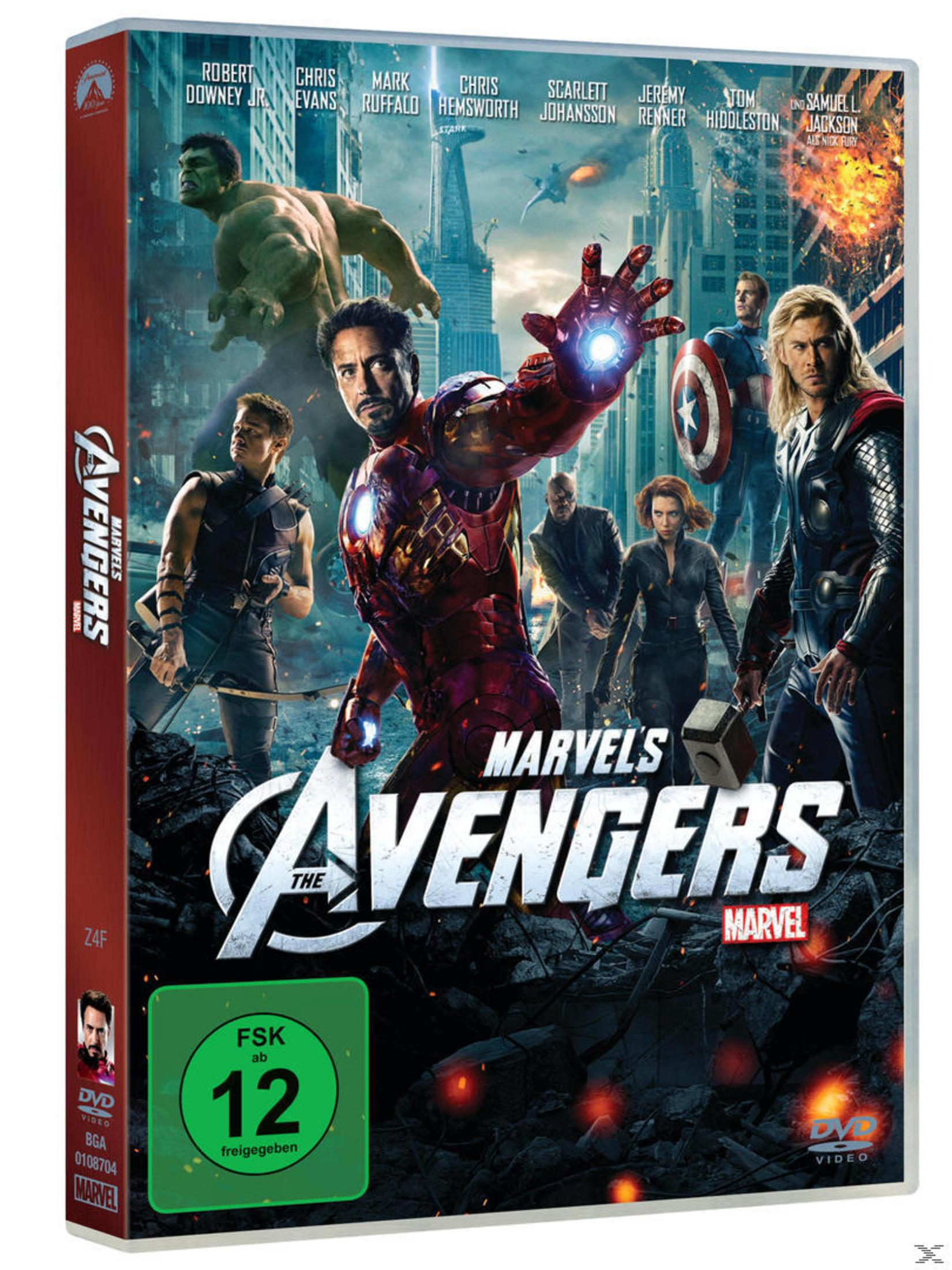 DVD-Cover von The Avengers mit Superhelden in Aktion vor zerstörter Stadt.
