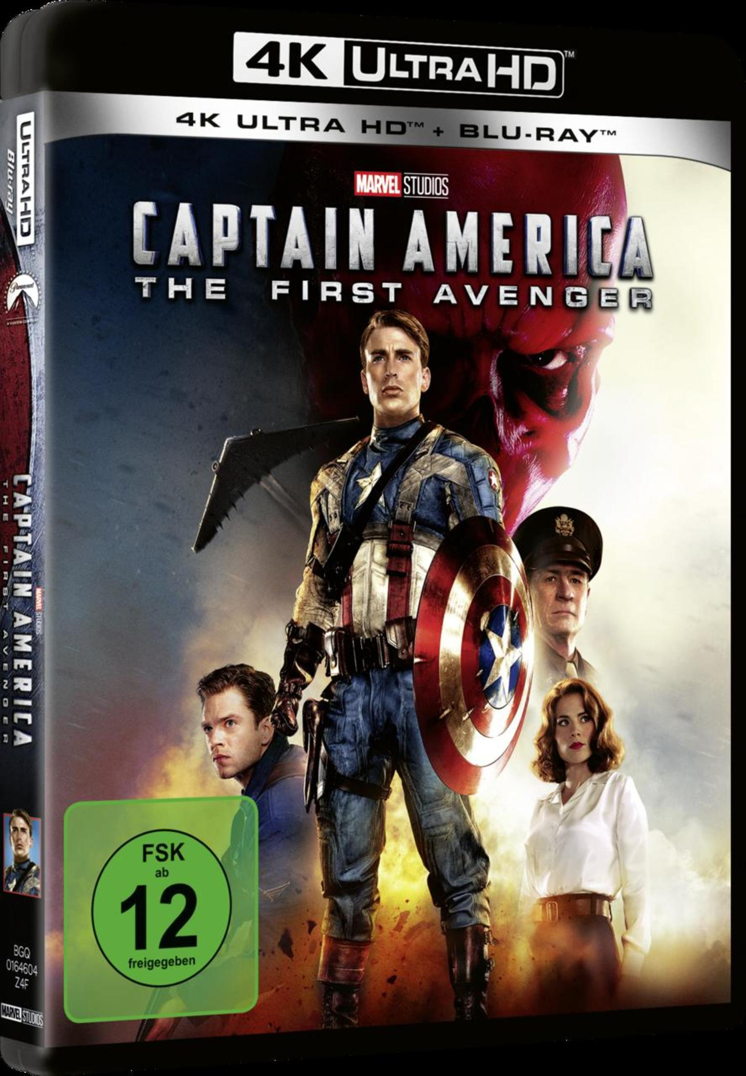 Blu-ray-Hülle von Captain America: The First Avenger, zeigt die Hauptfiguren des Films. Schwarzer HG.