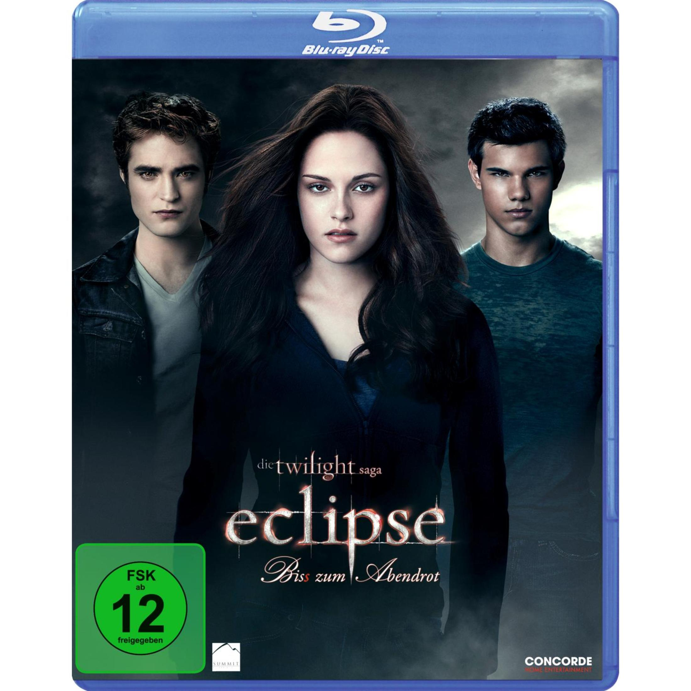 Blu-ray-Disc-Cover mit drei Personen. Filmtitel ist 'Eclipse'. Die Disc ist blau.