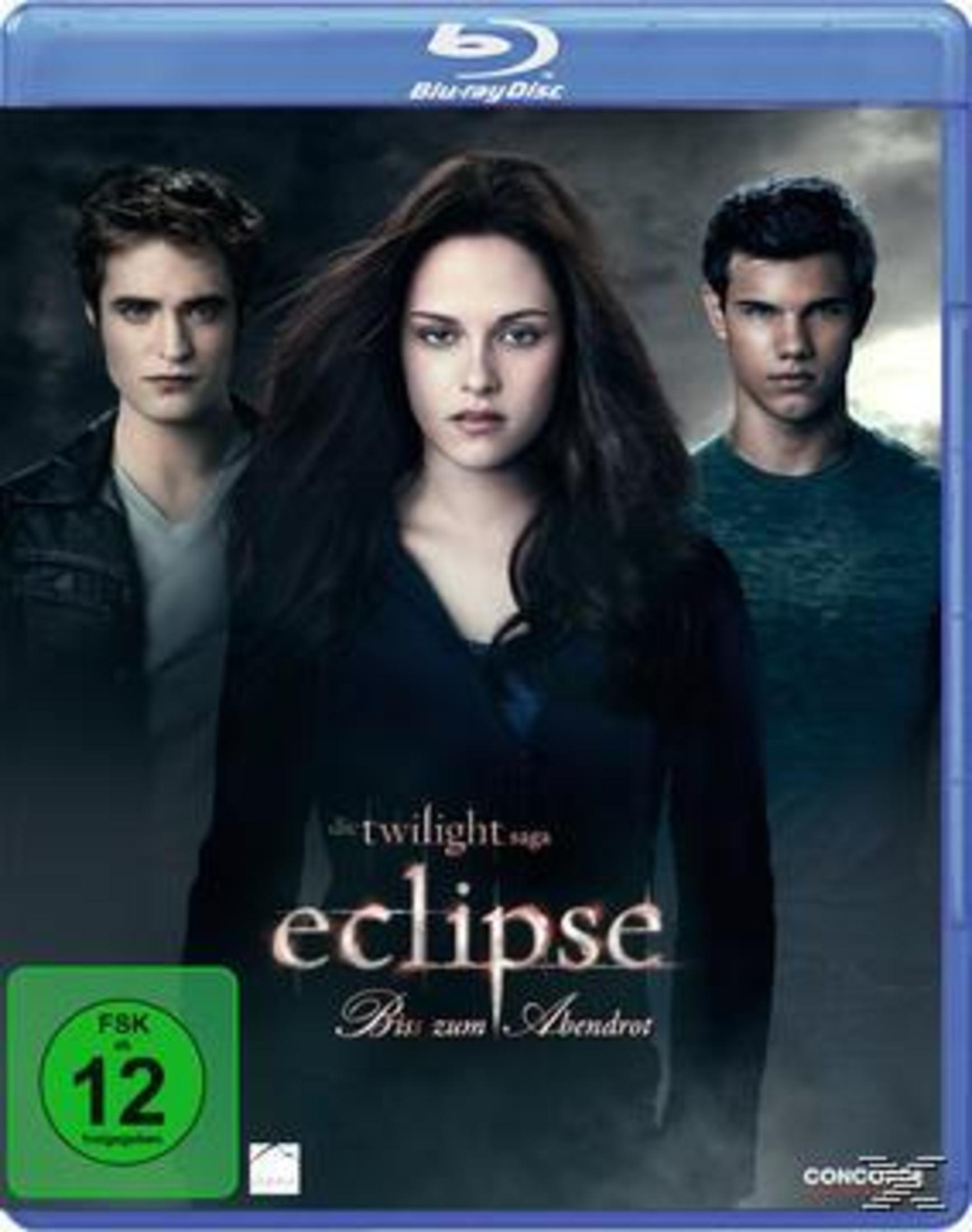 Filmcover: Drei Personen stehen, Filmtitel ist 'Eclipse', grünes Label mit Bewertung 12.