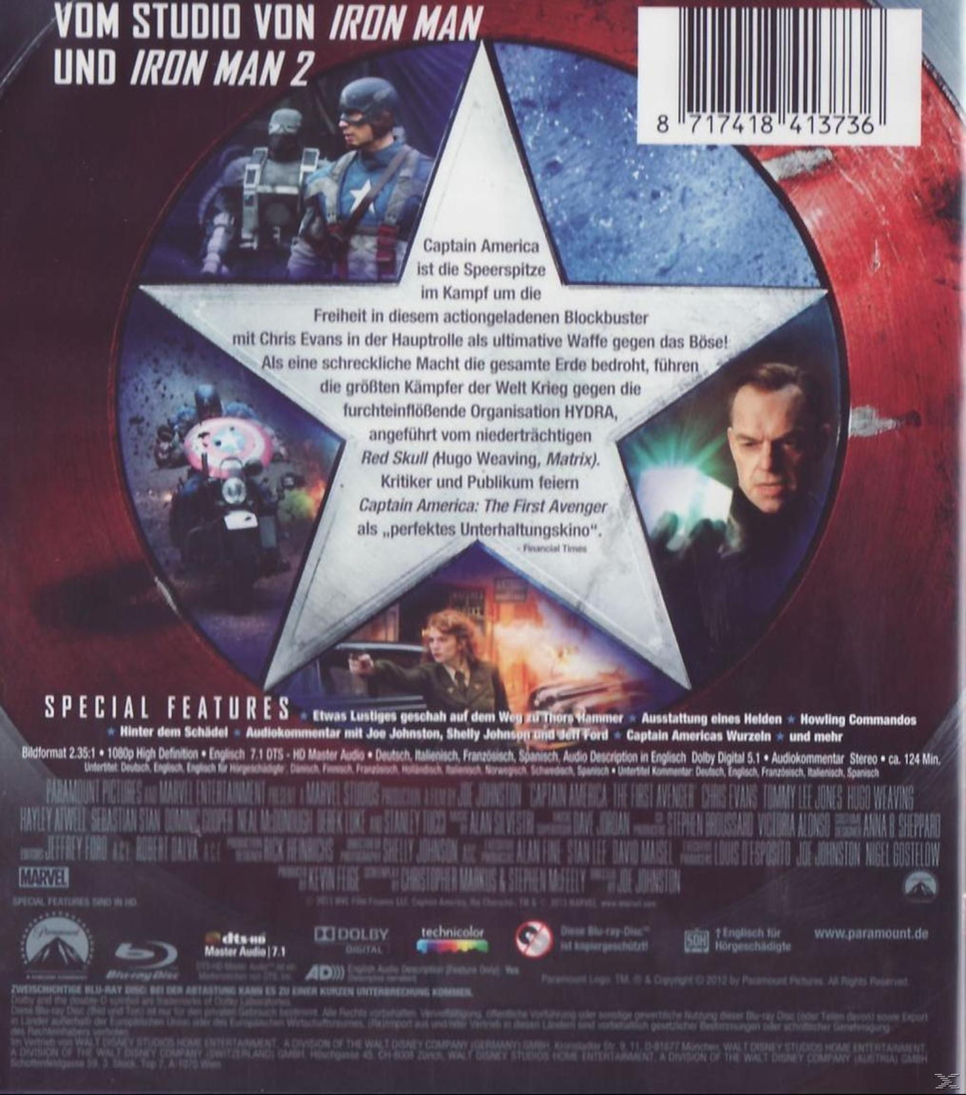 Die Rückseite der Captain America: The First Avenger Blu-ray enthält Text auf Deutsch und Bilder.