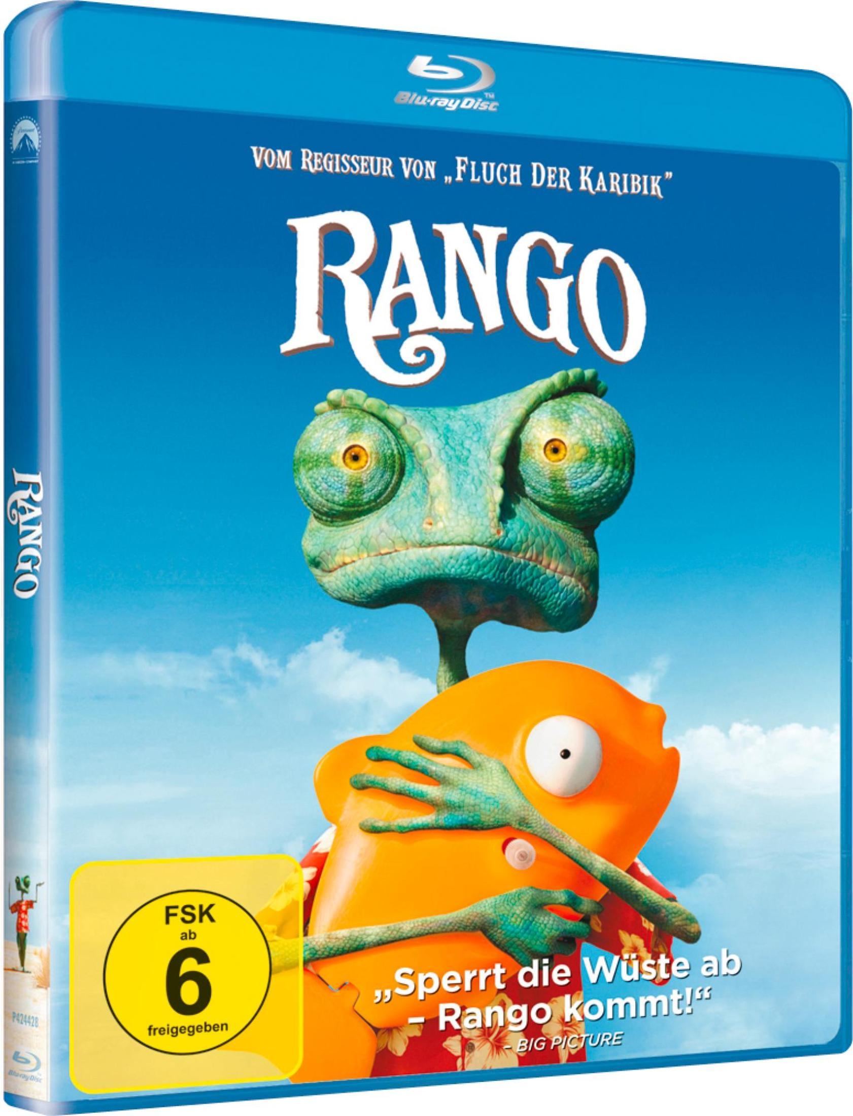Rango-Film Blu-ray-Box. Sie zeigt eine Chamäleon-Figur und einen Wüstenhintergrund mit blauem Himmel.