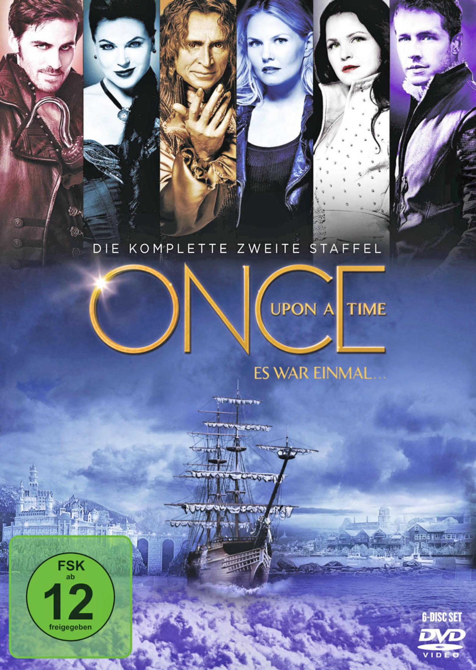 DVD-Cover von Once Upon a Time Staffel 2 mit sechs Charakteren oben, dem Serientitel und einem Segelschiff.
