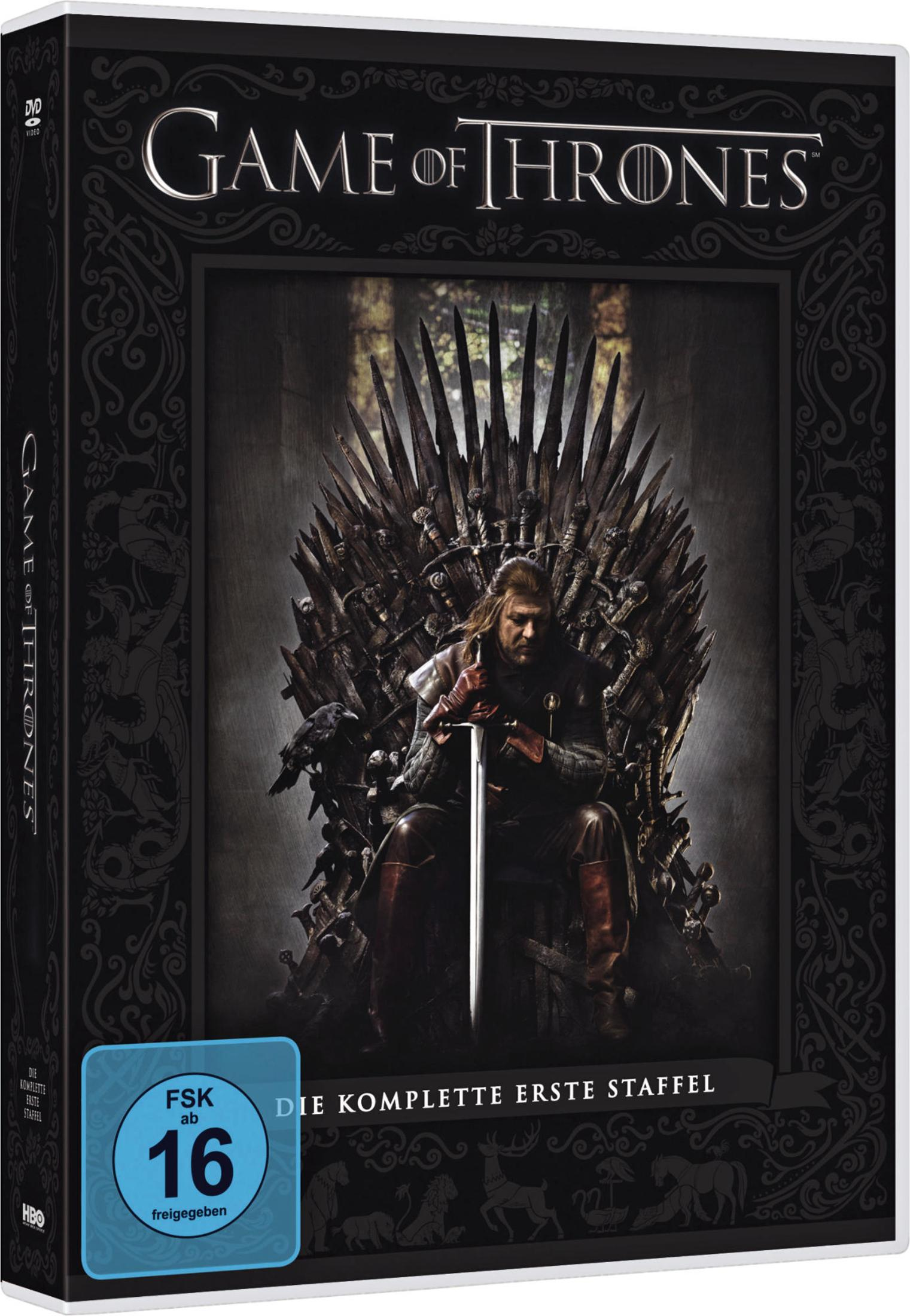 Game of Thrones DVD-Cover der ersten Staffel mit Ned Stark auf dem Eisernen Thron.