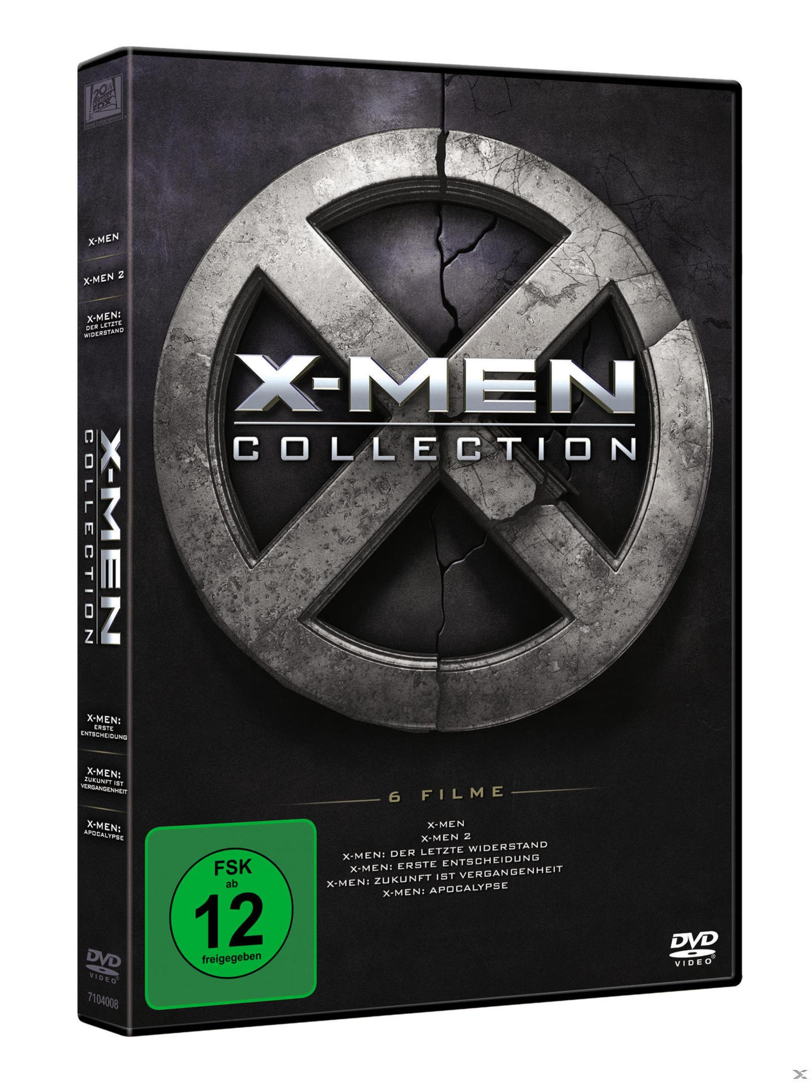 DVD-Box der X-Men Collection mit sechs Filmen, grauem X-Logo und FSK 12-Altersfreigabe.