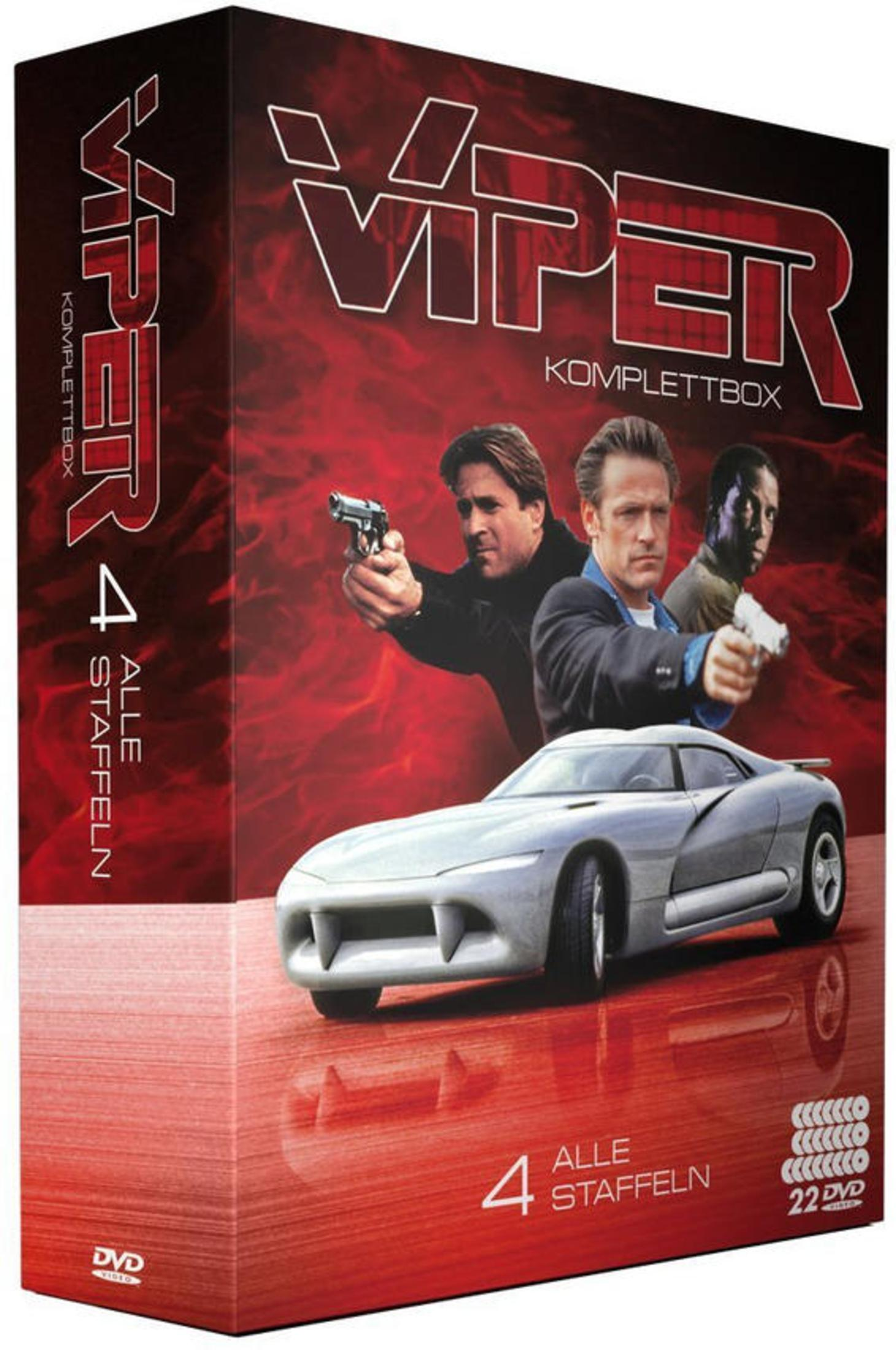 DVD-Box der Serie Viper mit drei Männern mit Waffen und einem silbernen Auto vor rotem Hintergrund.