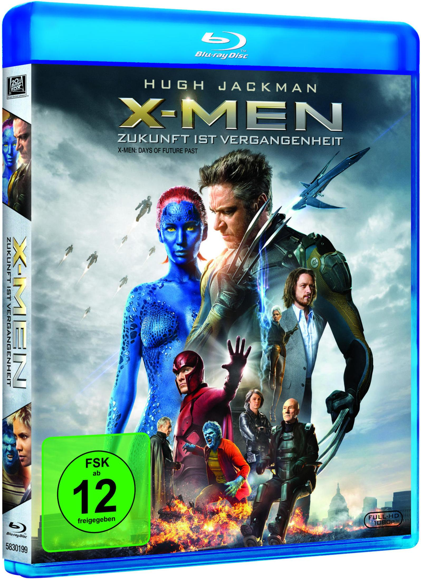 X-Men: Days of Future Past Blu-ray Disc-Cover, mit Schauspielern, Actionszenen und Titeltext.