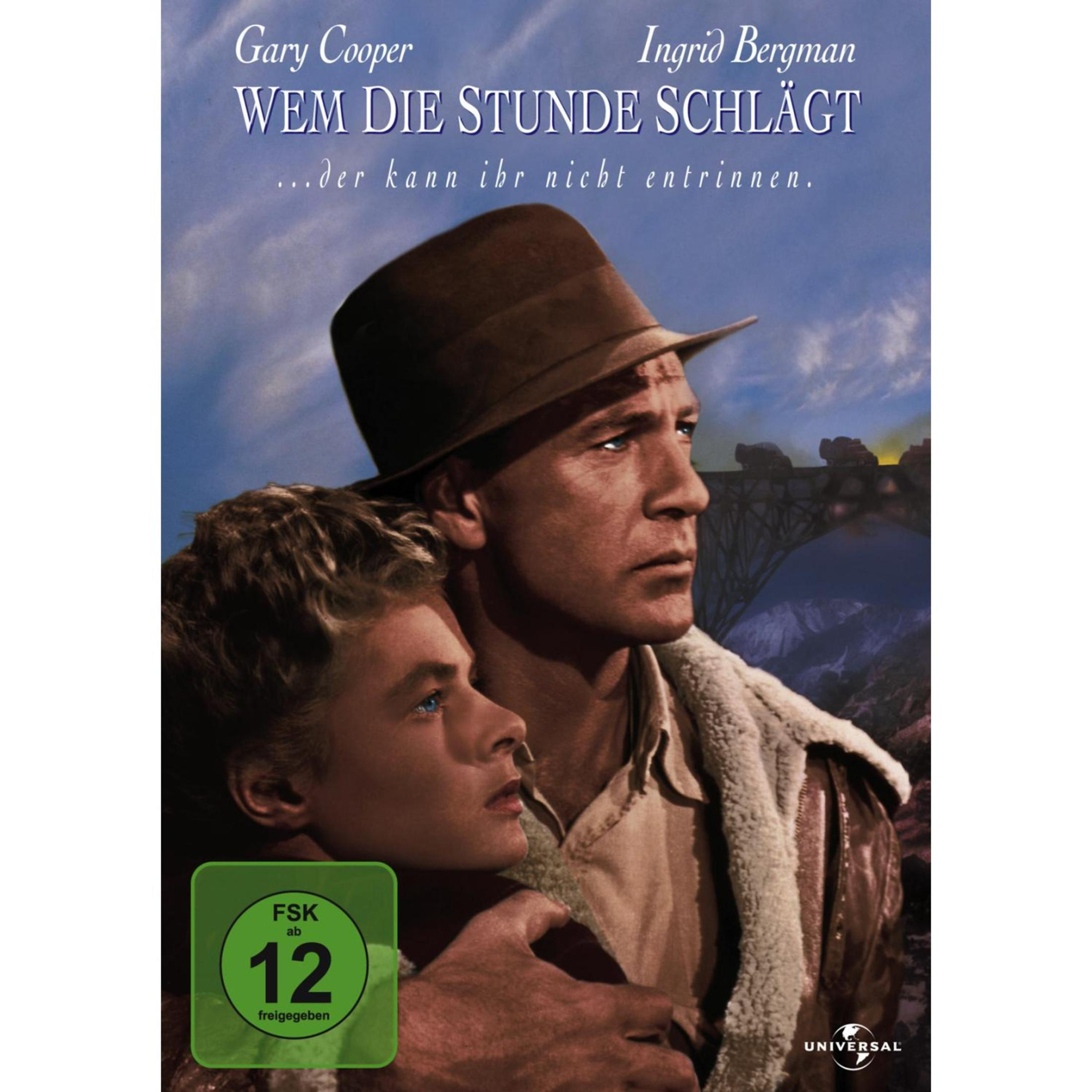 Filmposter von Wem die Stunde schlägt mit Gary Cooper und Ingrid Bergman vor einer Brücke und bewölktem Himmel.