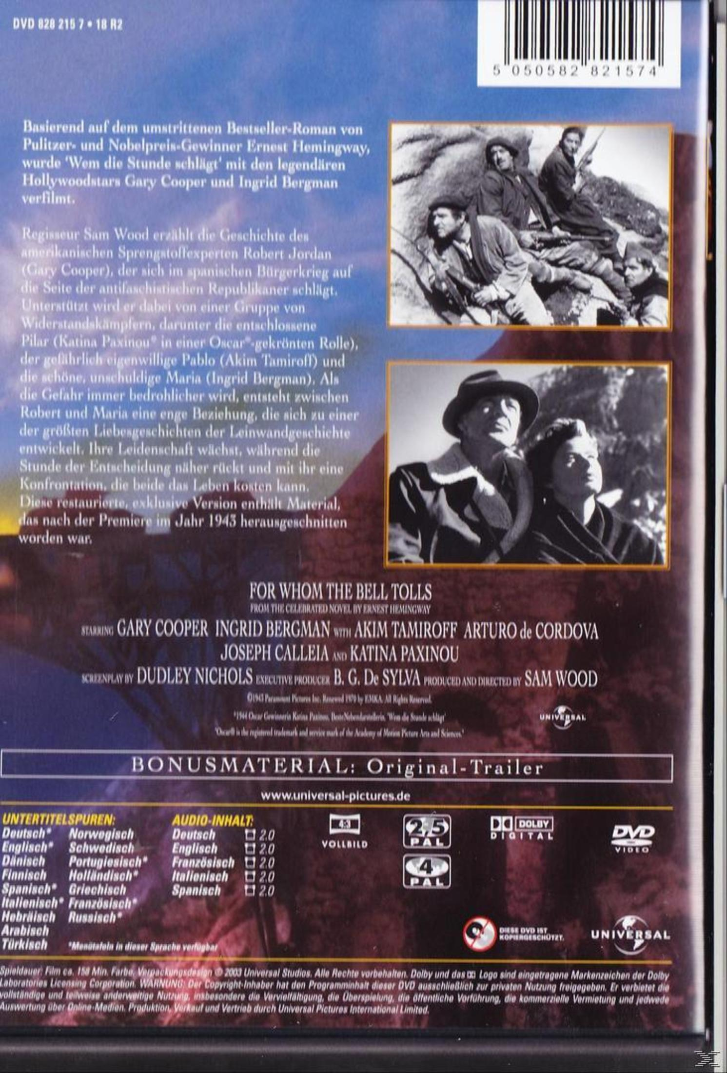 DVD-Rückseite des Films Für wem die Stunde schlägt mit Gary Cooper und Ingrid Bergman, mit Text und Szenenbildern.