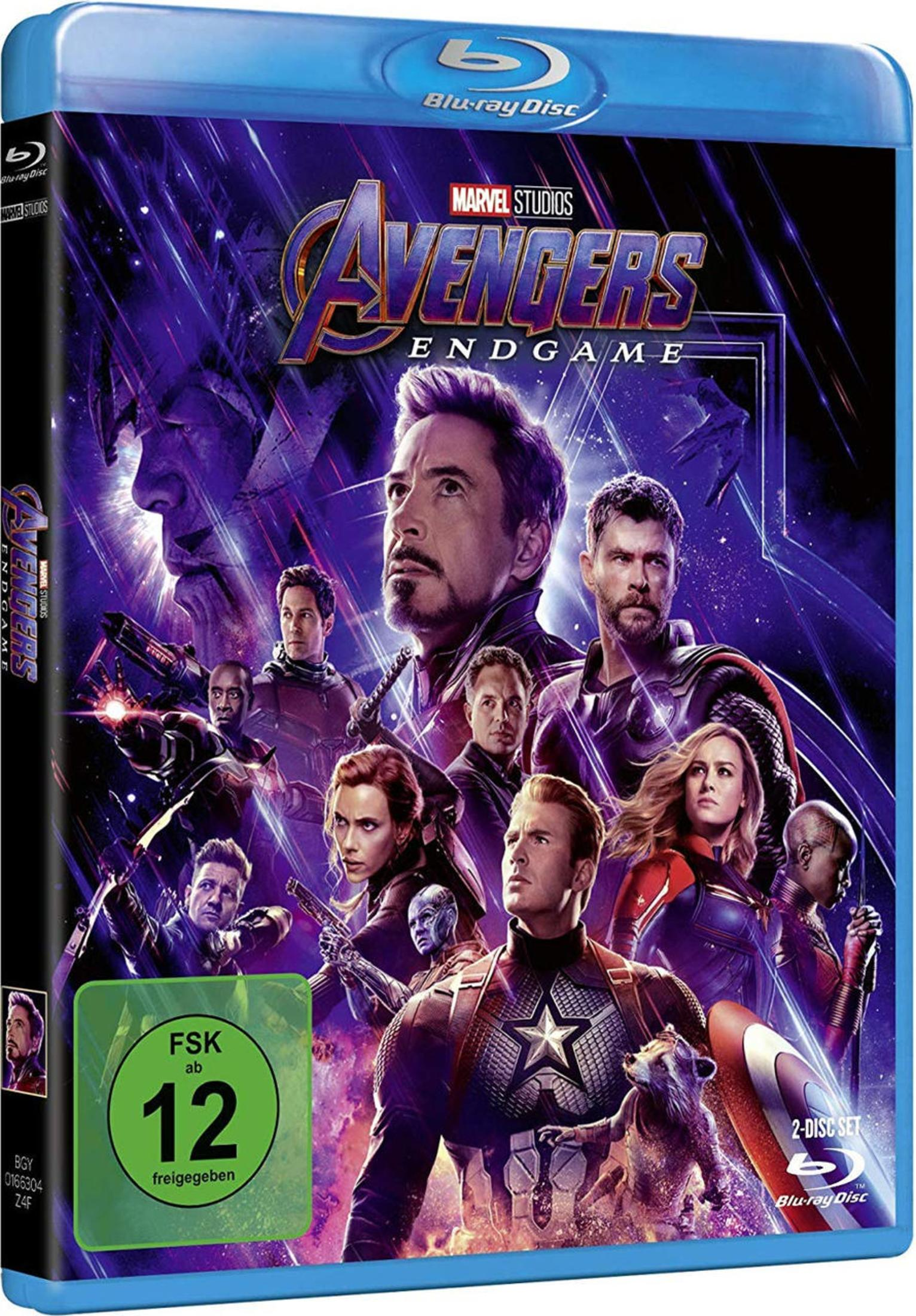 Avengers Endgame Blu-ray-Hülle mit dem Ensemble-Superhelden-Cast vor violettem Hintergrund und FSK-12-Logo.