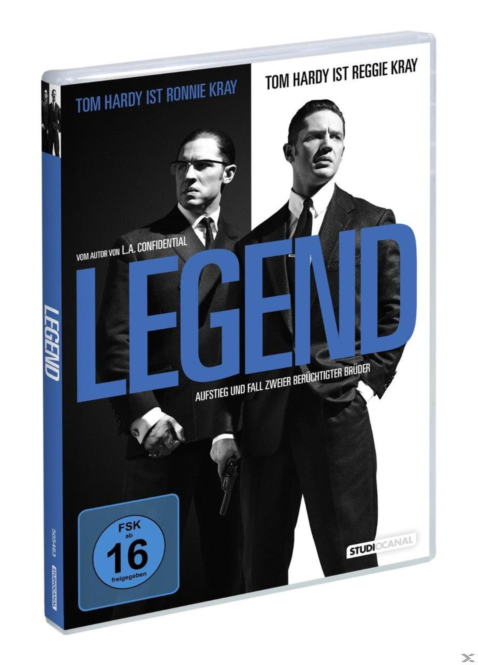 DVD-Cover des Films Legend, zeigt Tom Hardy in einer Doppelrolle vor schwarz-weißem Hintergrund mit blauer Schrift.