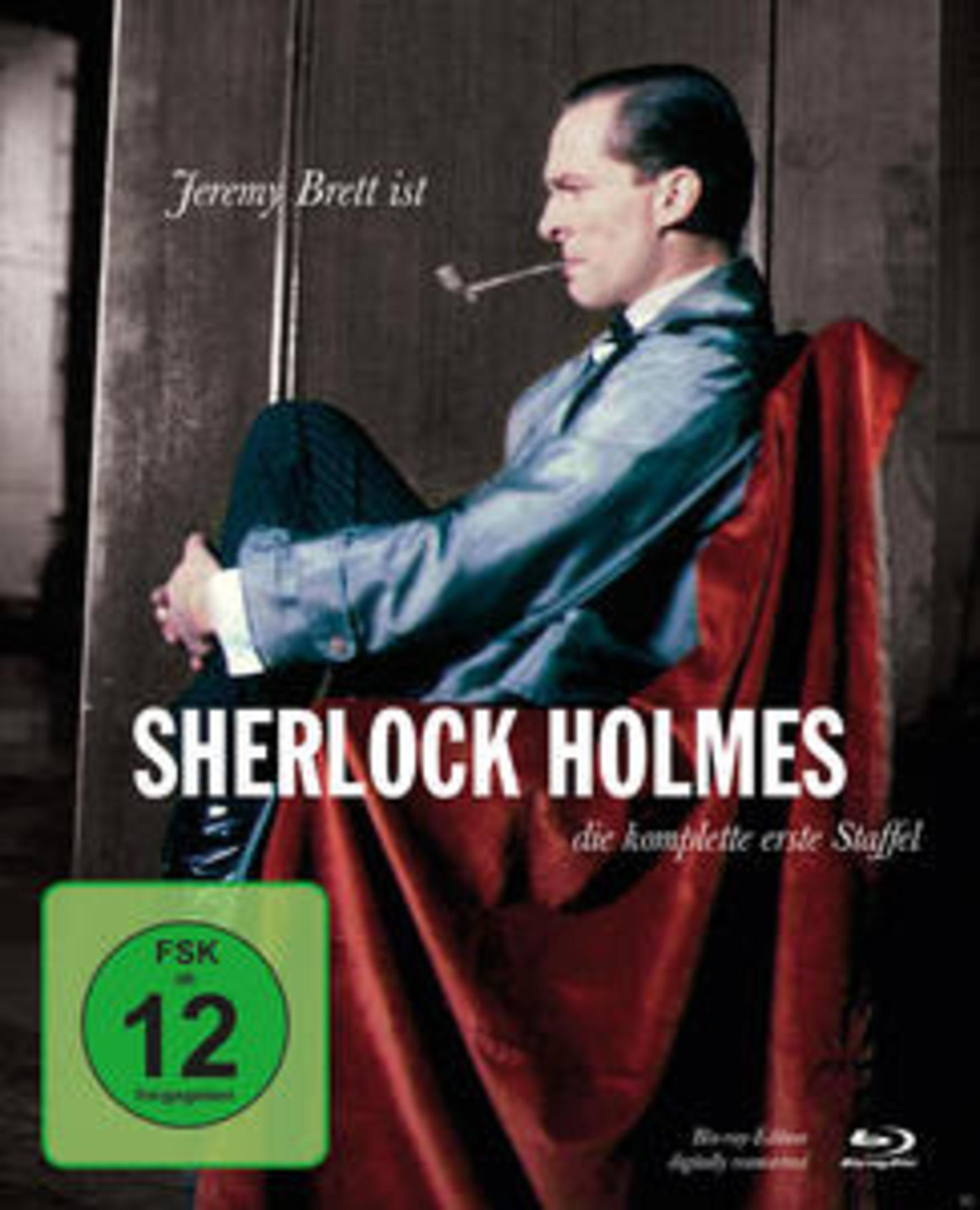 DVD-Hülle von Sherlock Holmes. Es zeigt einen Mann im Anzug mit einer Pfeife und dem Text 'Sherlock Holmes'.
