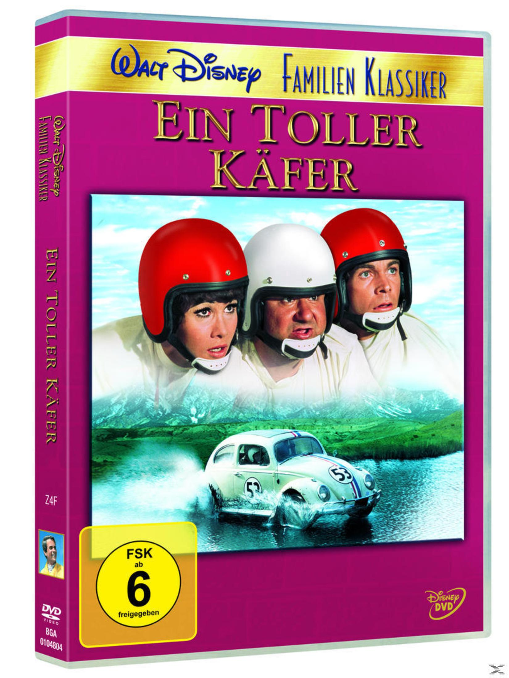 DVD-Cover von Ein toller Käfer mit drei Personen in Rennhelmen und einem VW-Käfer im Wasser.