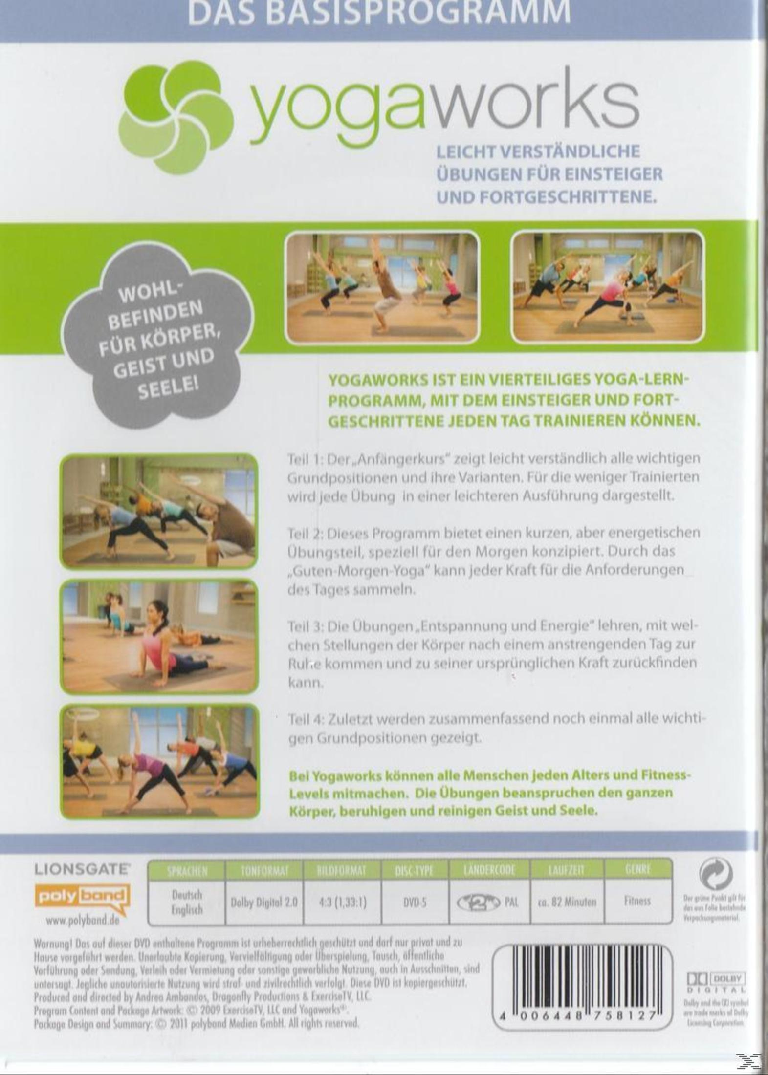 Die Rückseite einer YogaWorks-DVD. Sie zeigt Yoga-Posen und Text auf Deutsch.