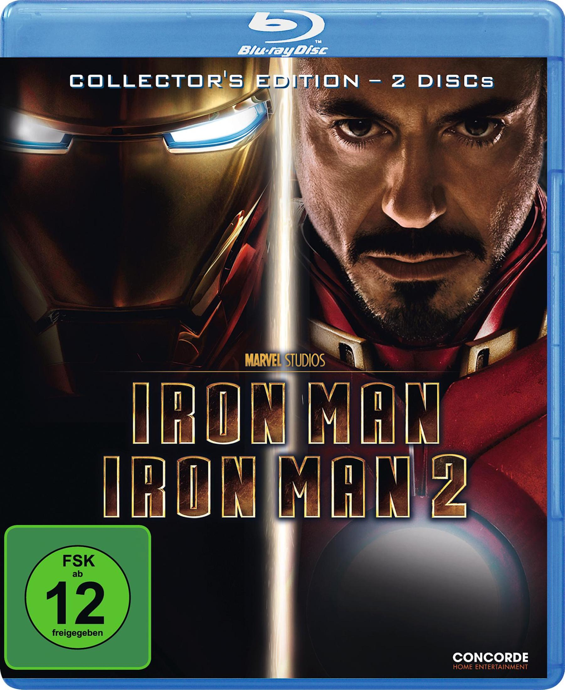 Iron Man 2 Blu-ray-Hülle. Zeigt Iron Mans Gesicht und Filmtitel. Blaue Hülle mit Logo.