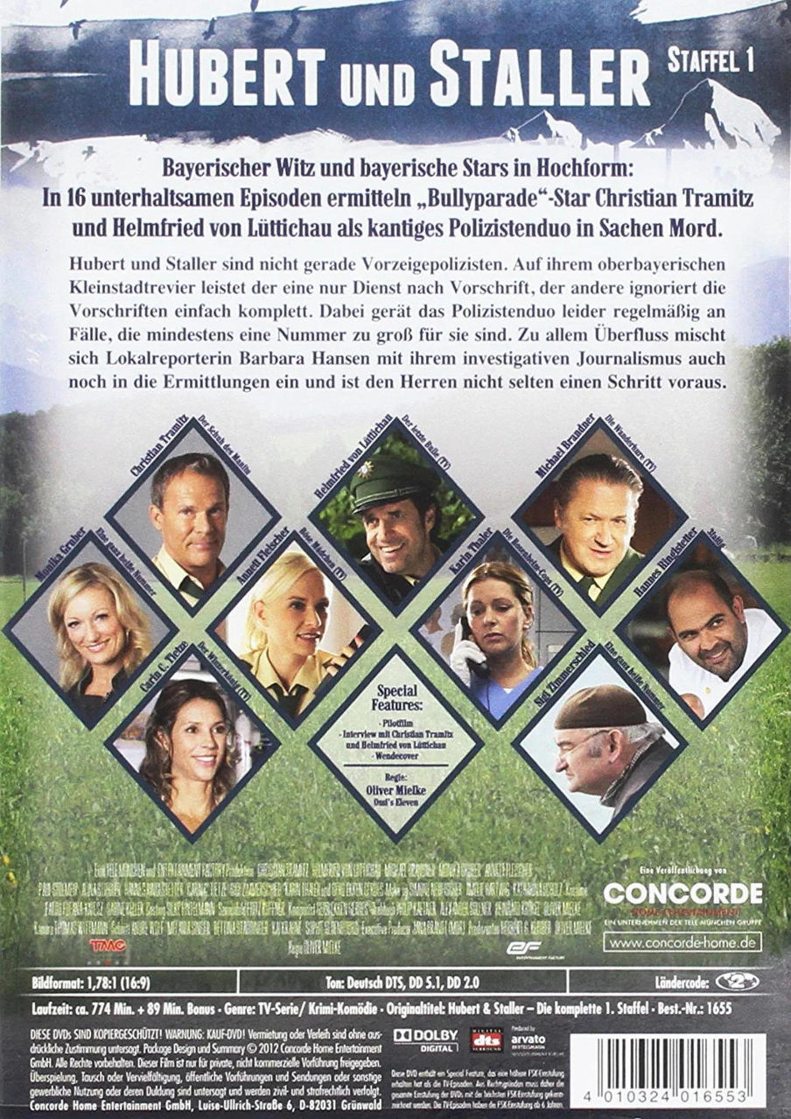 DVD-Cover der deutschen Serie Hubert und Staller mit den Darstellern in Rautenrahmen vor grünem Hintergrund.