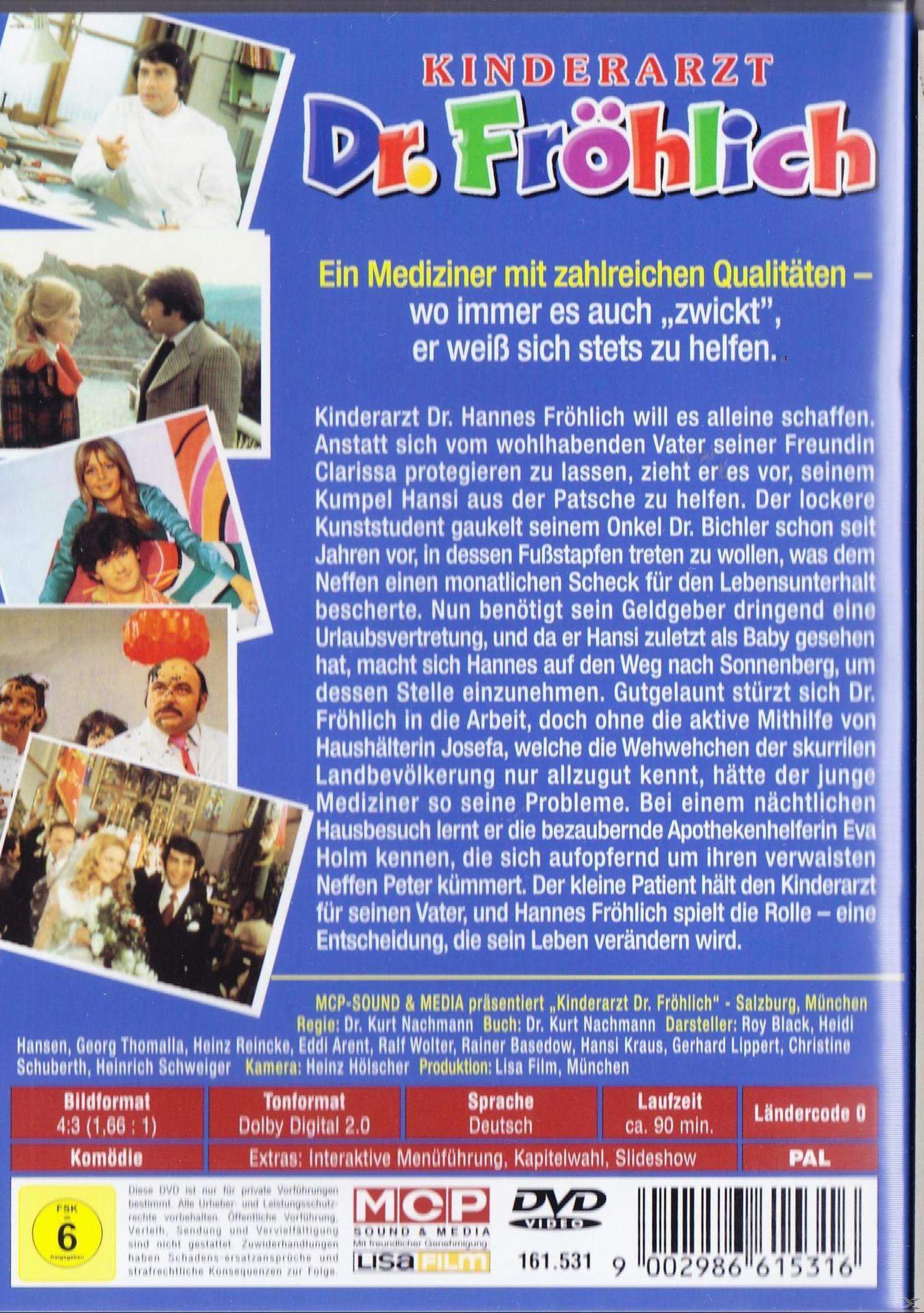 Rückseite der DVD-Hülle des Films Kinderarzt Dr. Fröhlich mit Szenenbildern, Beschreibung und technischen Daten.