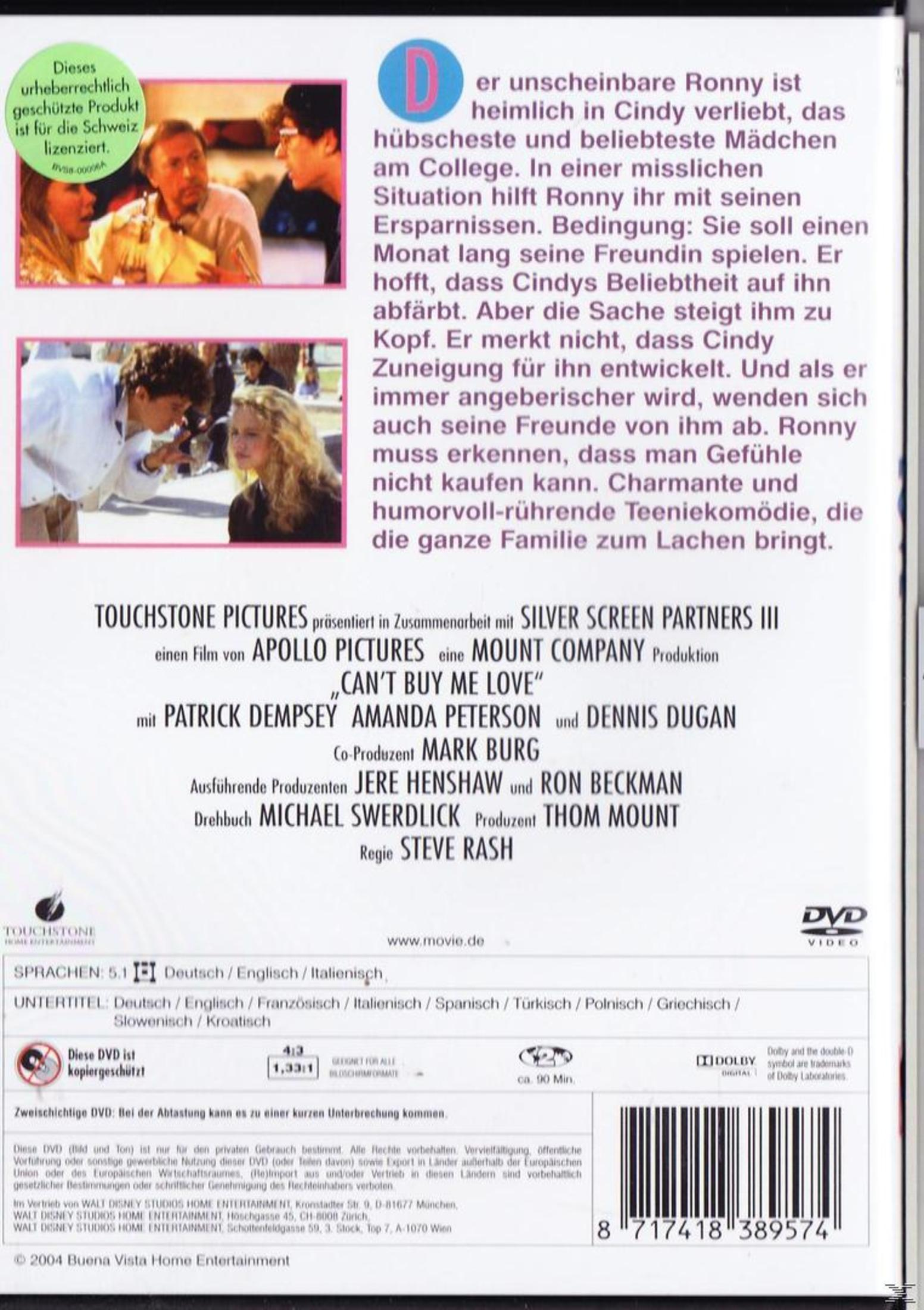 Rückseite einer DVD-Hülle des Films Can't Buy Me Love mit Text und Bildern.