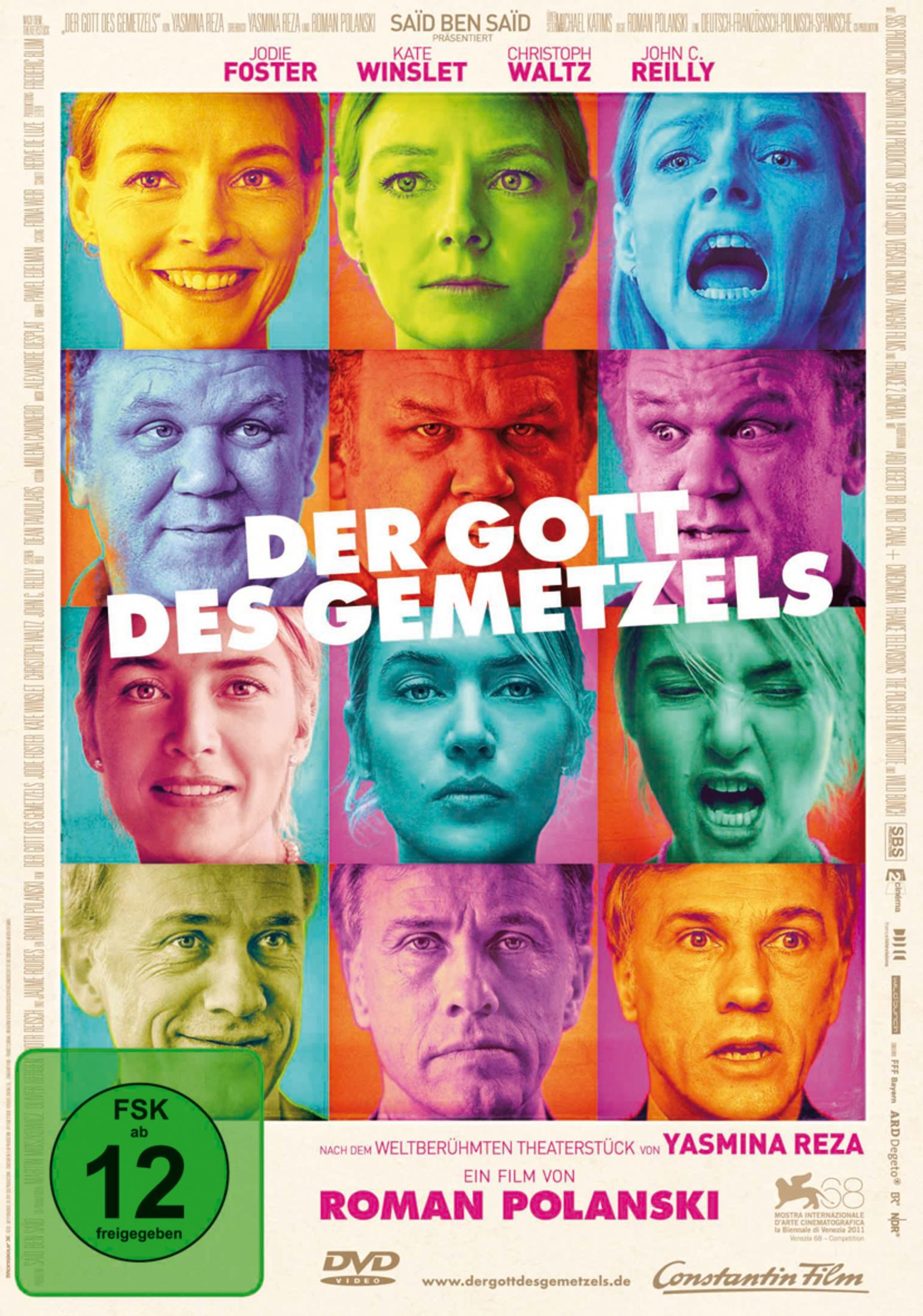 Filmplakat mit vier Gesichtern in bunten Kacheln, die verschiedene Emotionen zeigen, und dem Titel Der Gott des Gemetzel.