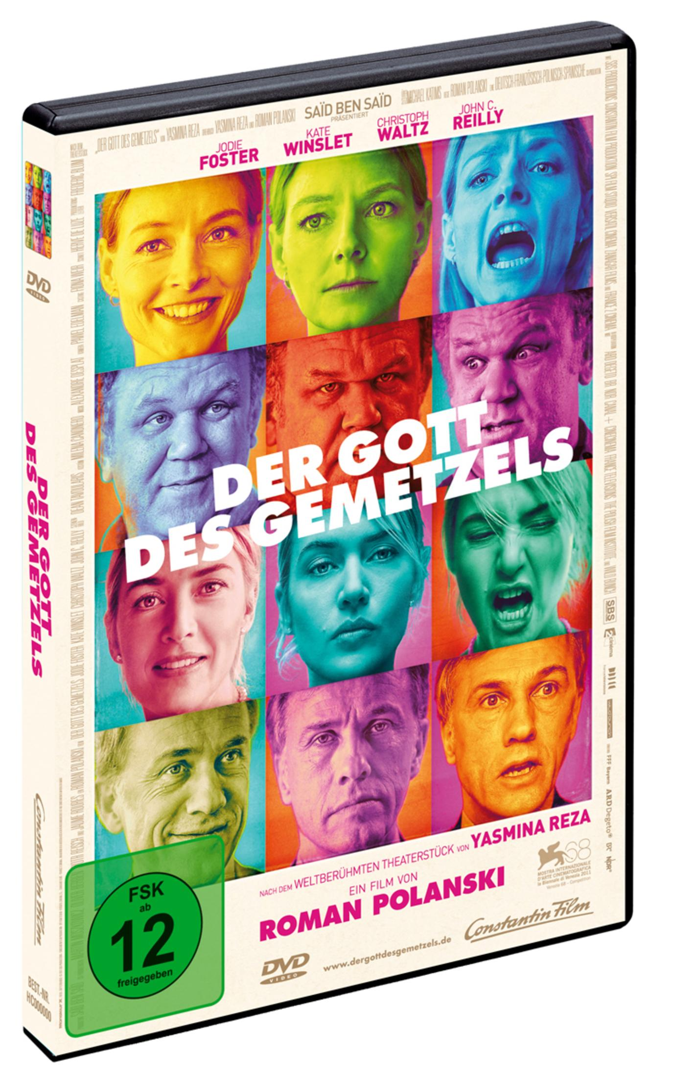 DVD-Cover für Der Gott des Gemetzelz mit einem Raster aus Schauspielerporträts in bunten Farben.