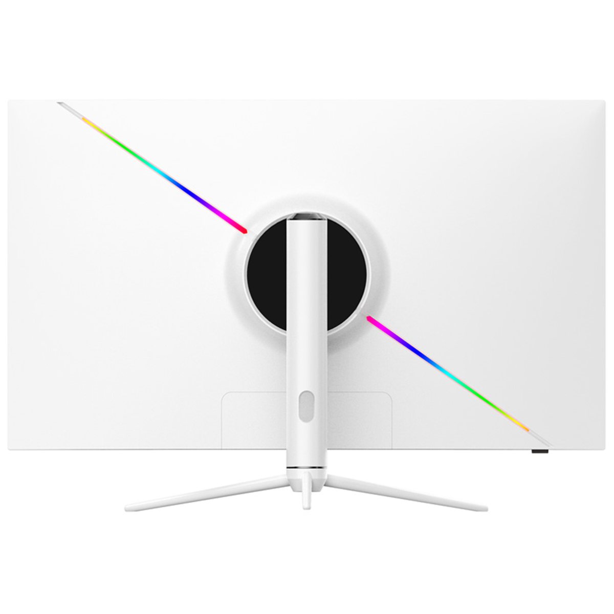 Widok z tyłu białego monitora komputera ze stojakiem i kolorowymi akcentami świetlnymi.