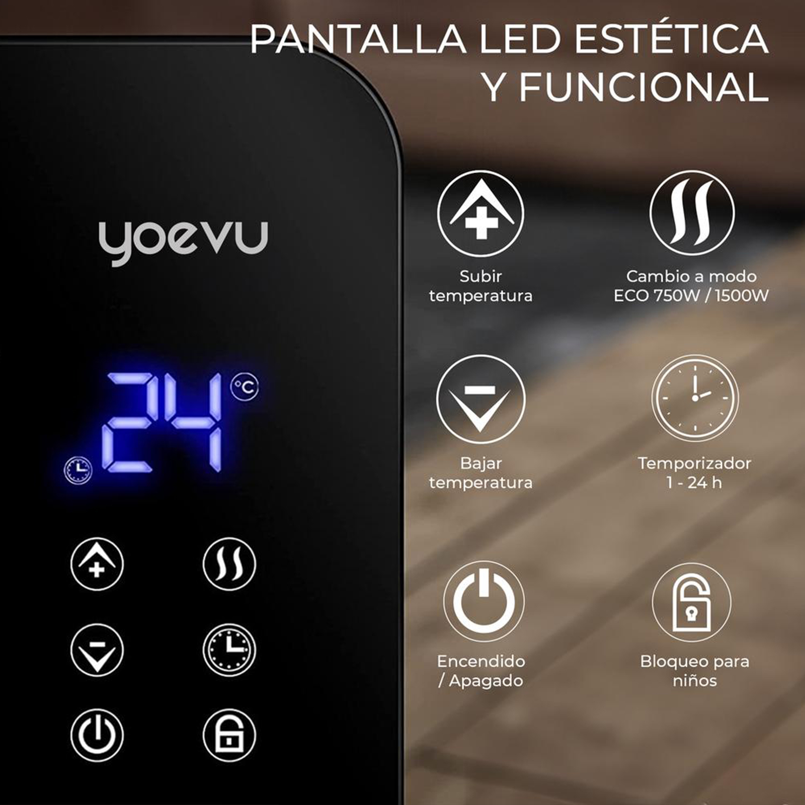 Panel negro con pantalla digital que muestra 24 grados. Varios botones e iconos para configuraciones.
