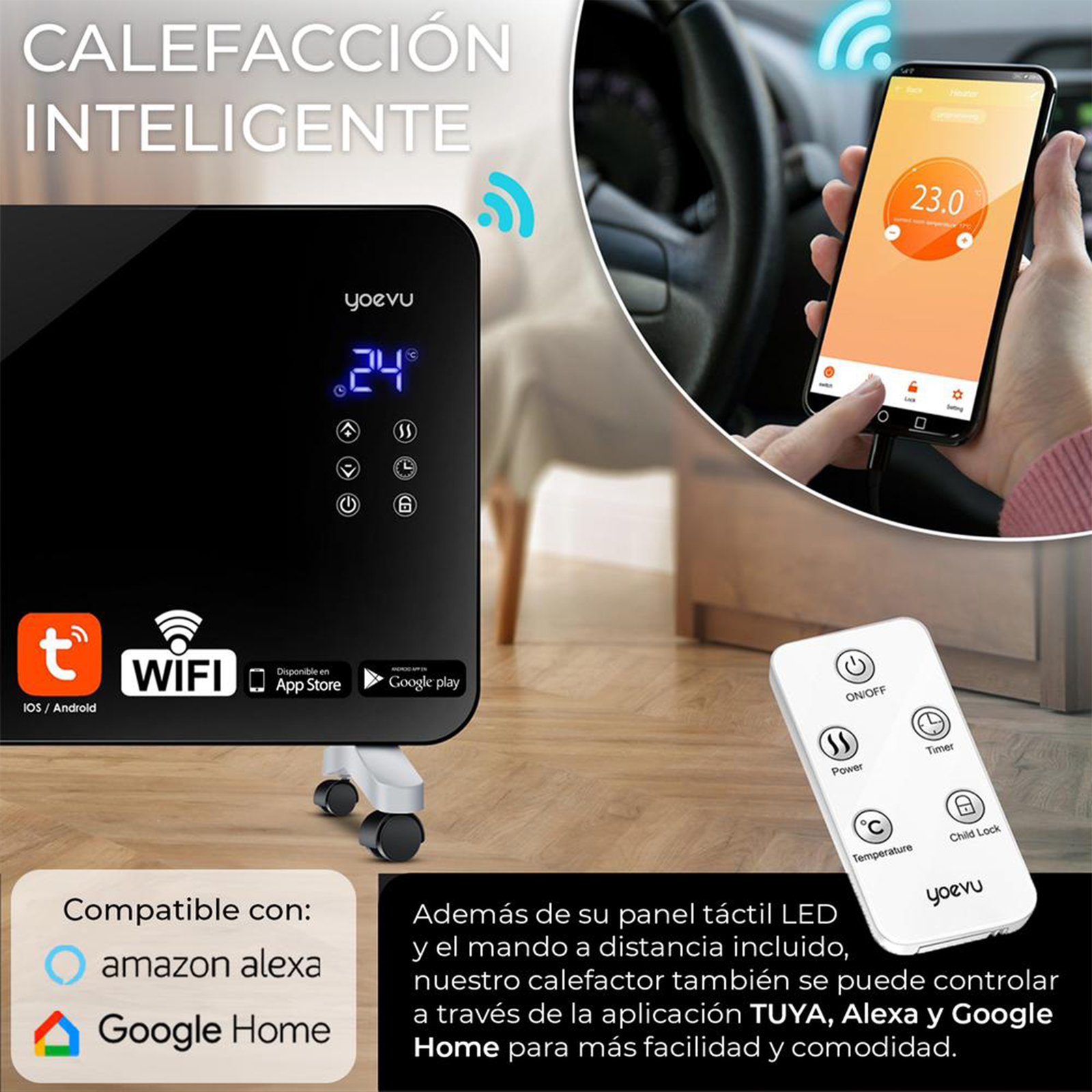 Calentador inteligente negro controlado por smartphone, con mando. Muestra compatibilidad WiFi y Alexa.
