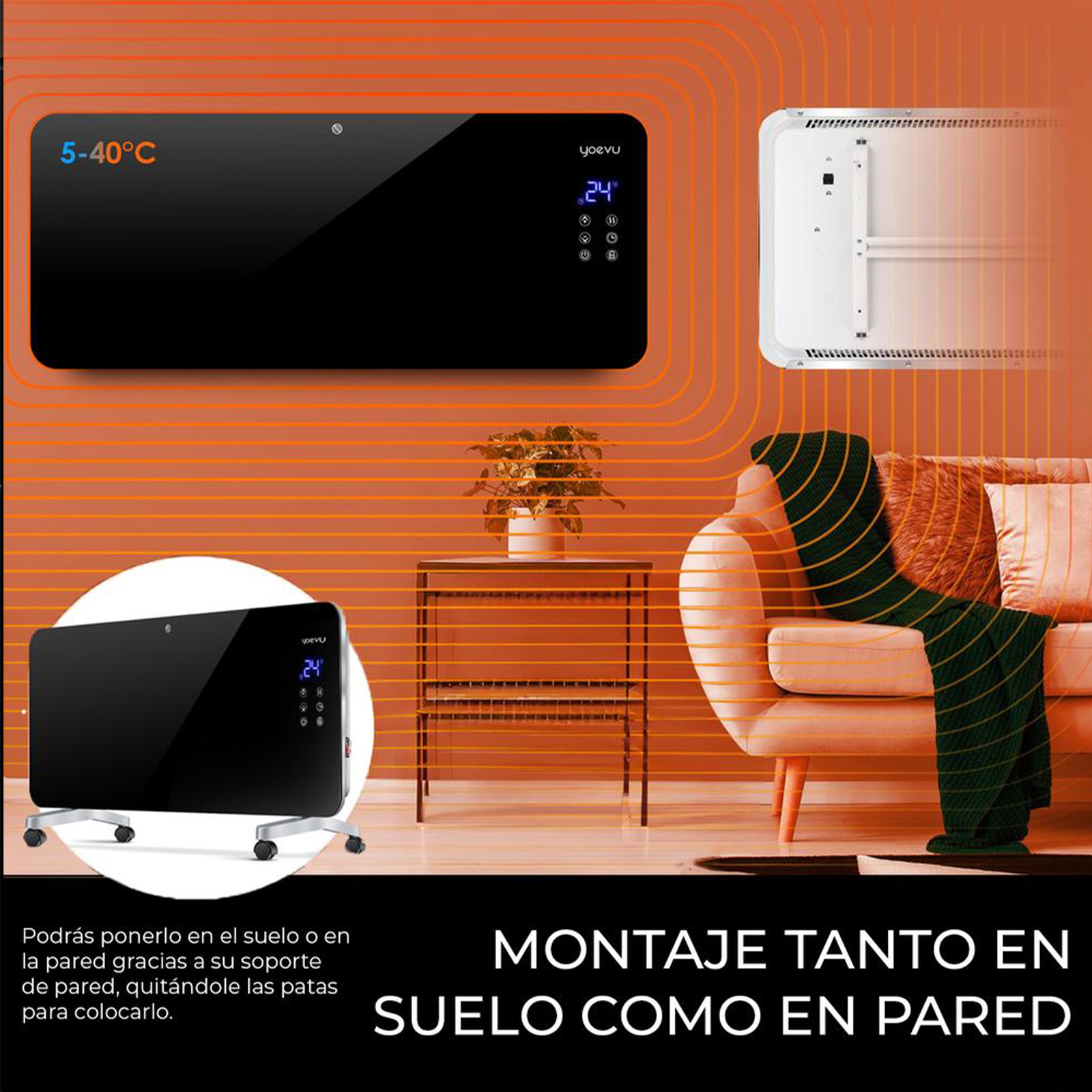 Calentador negro en habitación con sofá, mesa y planta. Texto en español. Fondo naranja.
